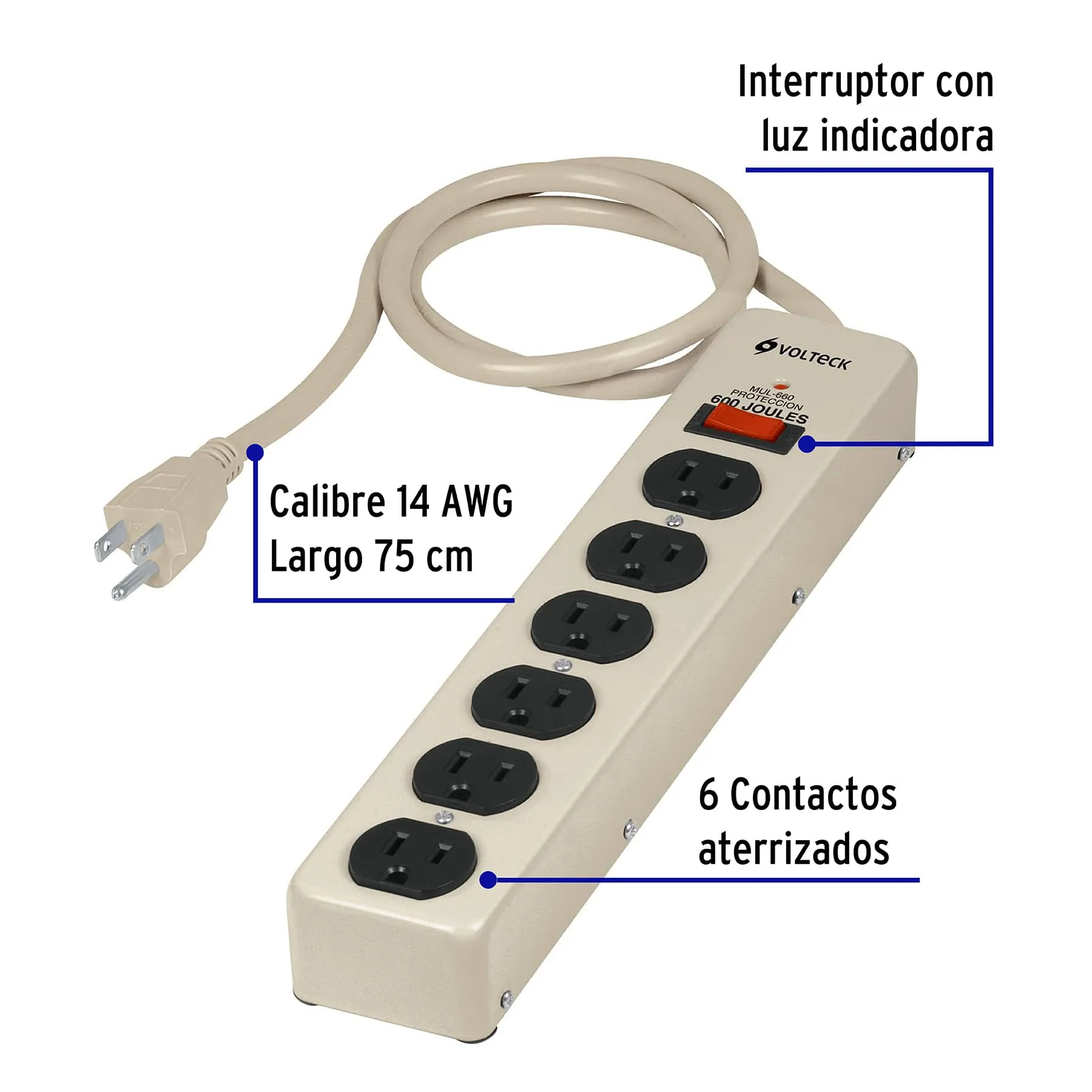Multicontacto Volteck 6 Supresor de picos Rudo