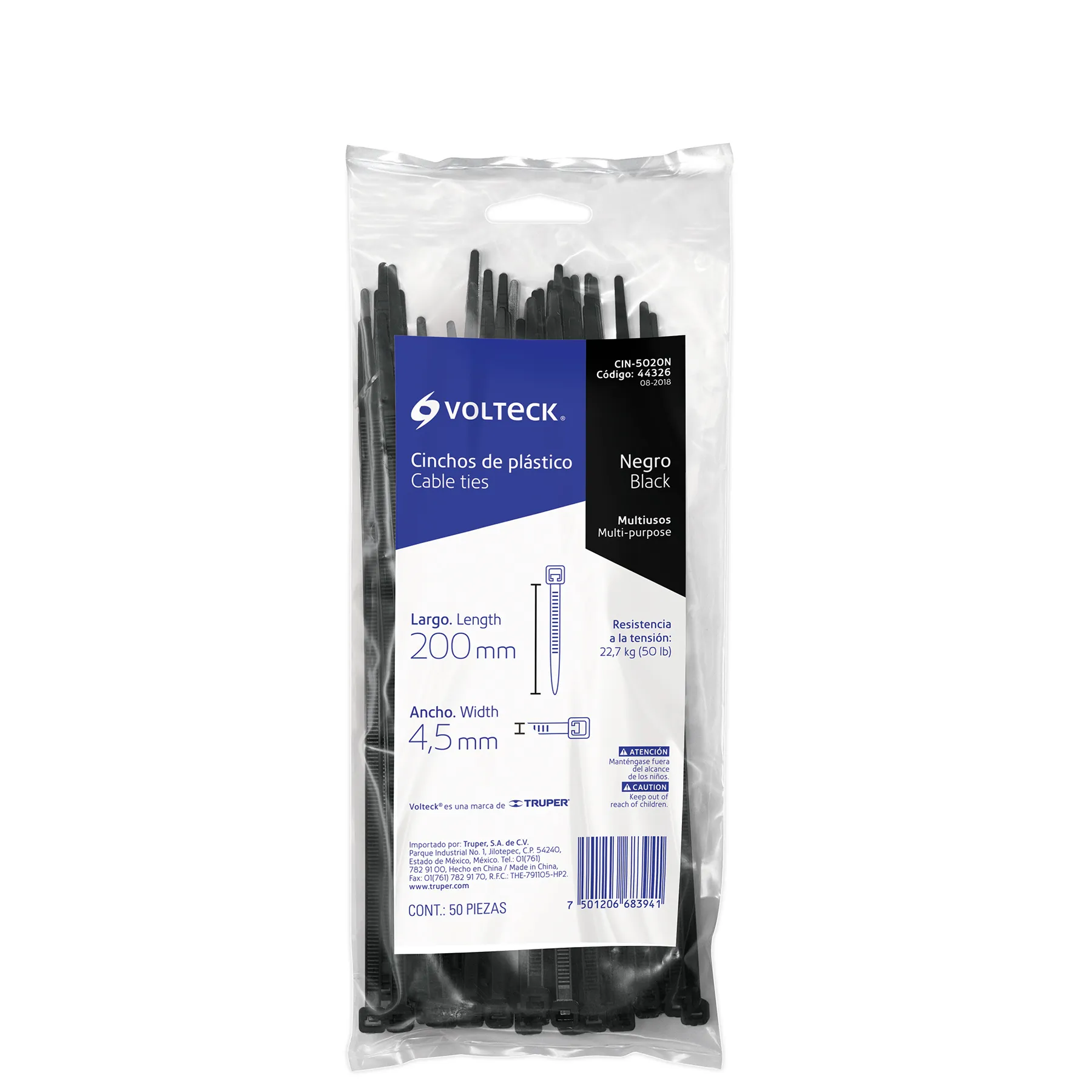 Cinchos de plastico 4.5 mm Negro 20 cm Volteck Por bolsa (50 pz)