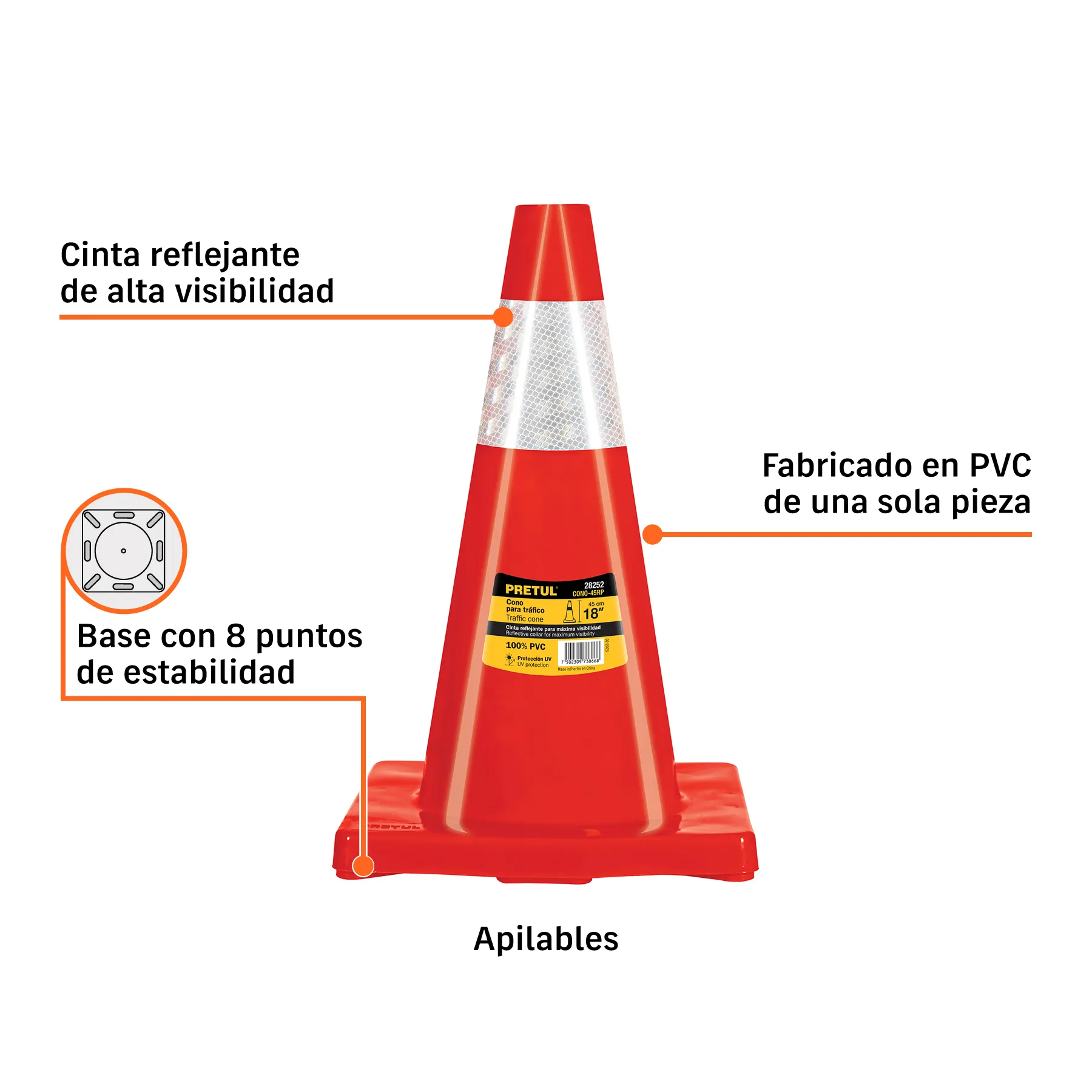 Cono para trafico 45 cm (18") Pretul De pvc