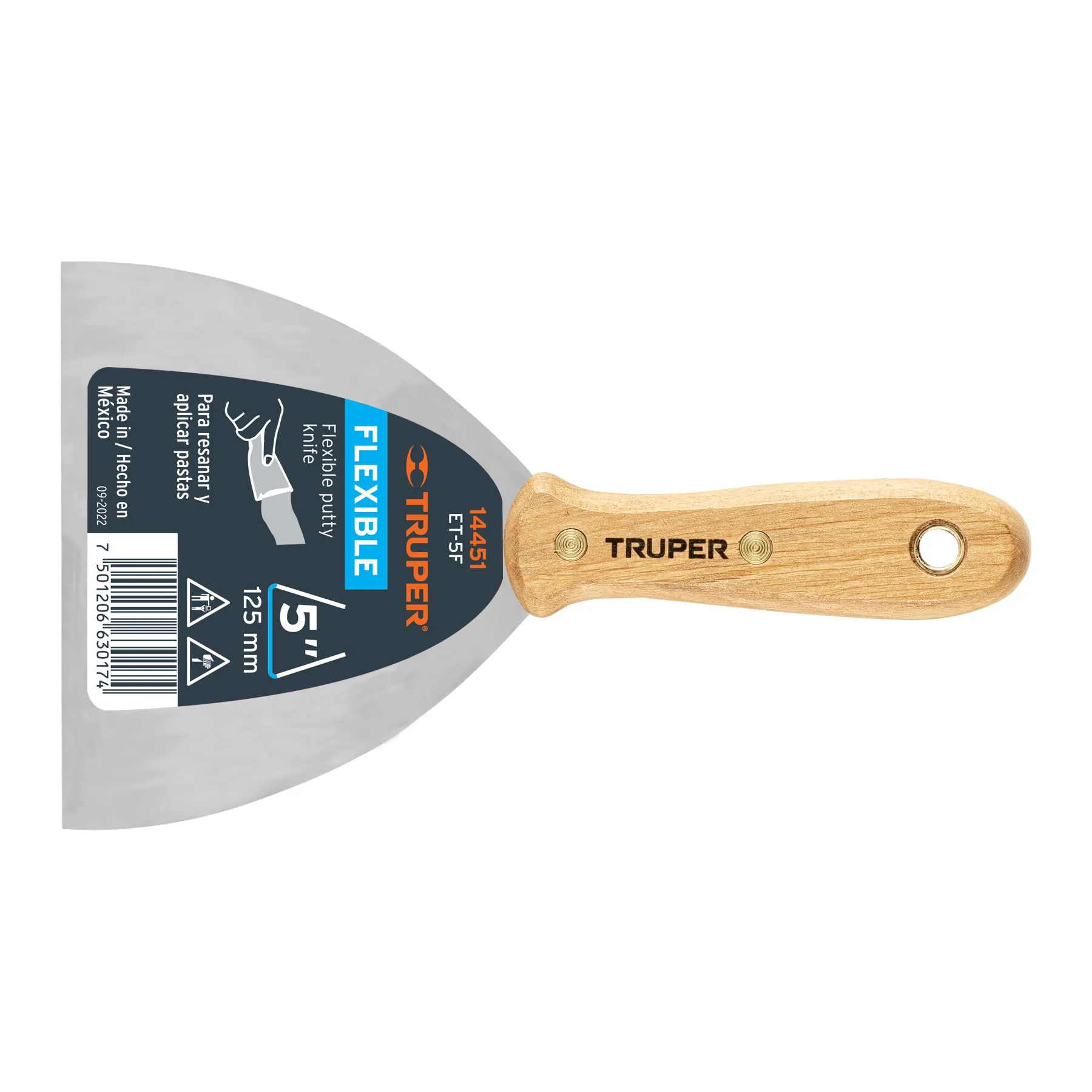 Espatula 5 " Corte recto Truper Hoja de acero Mango de madera Flexible