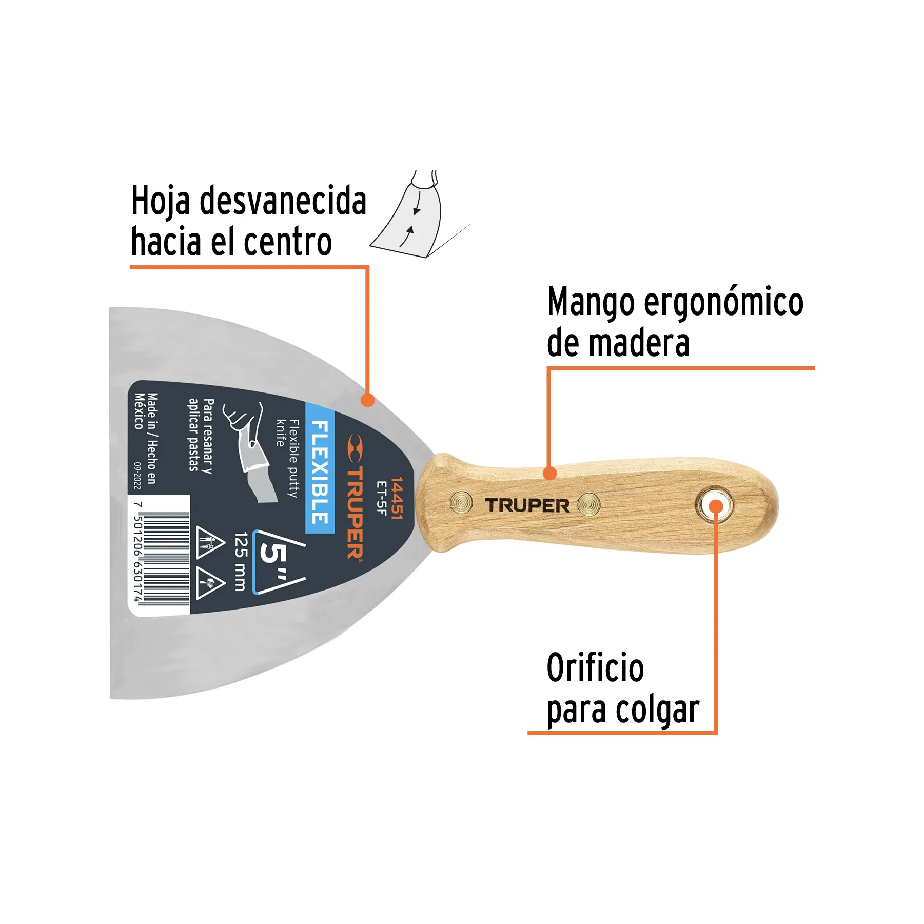 Espatula 5 " Corte recto Truper Hoja de acero Mango de madera Flexible