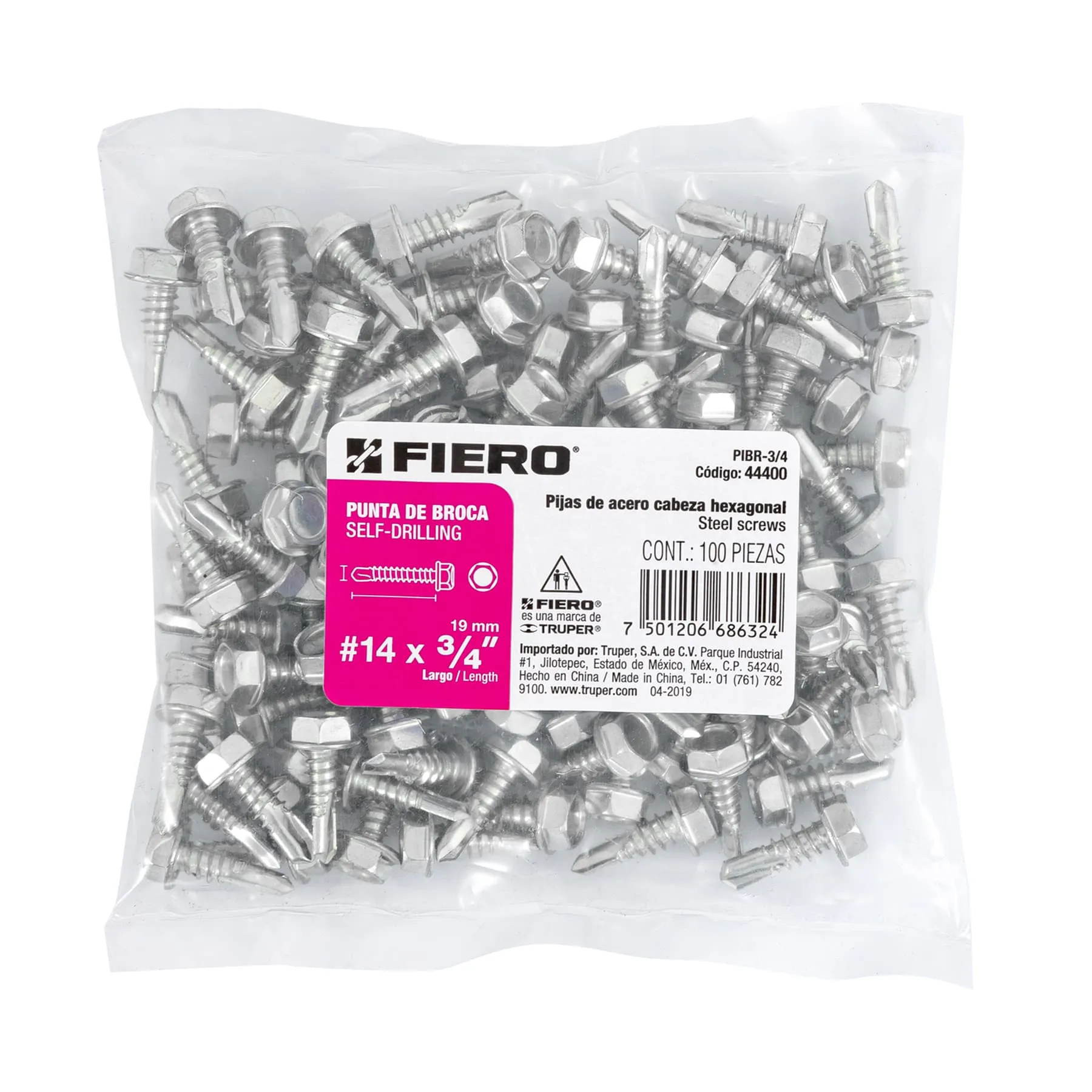 Pija punta de broca cabeza hexagonal #14 Sin rondana 3/4 " Fiero Por bolsa (100 pz)