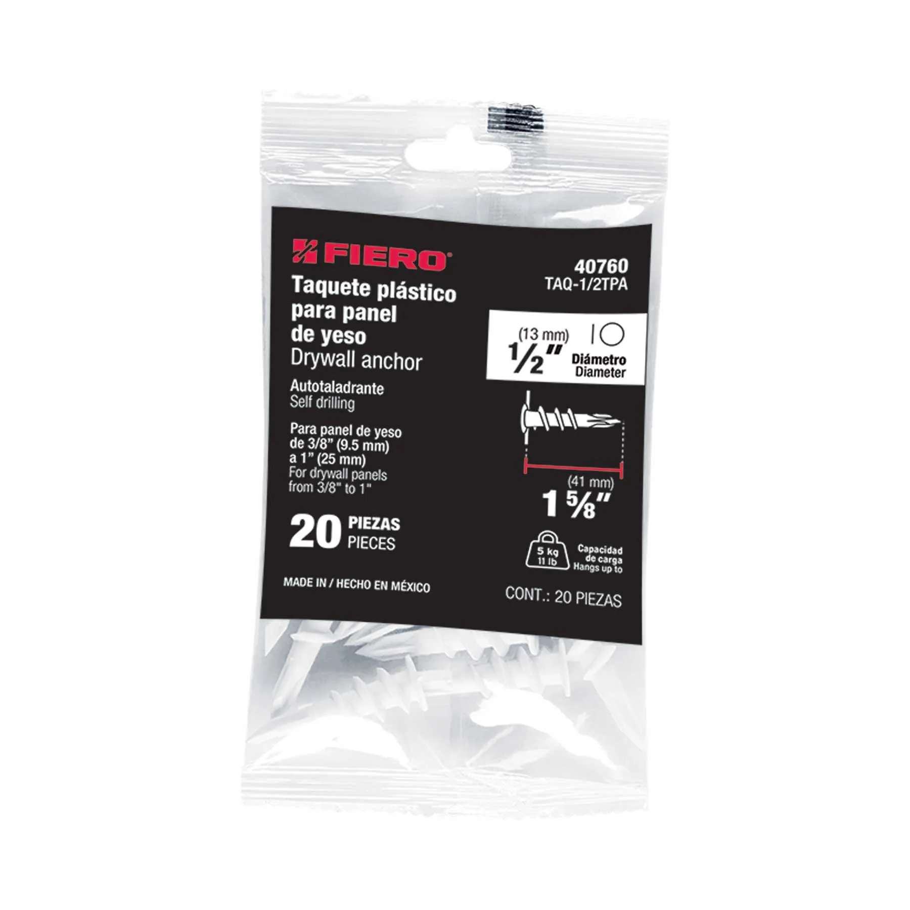 Taquete para panel de yeso Fiero 1/2 " Por bolsa (20 pz)