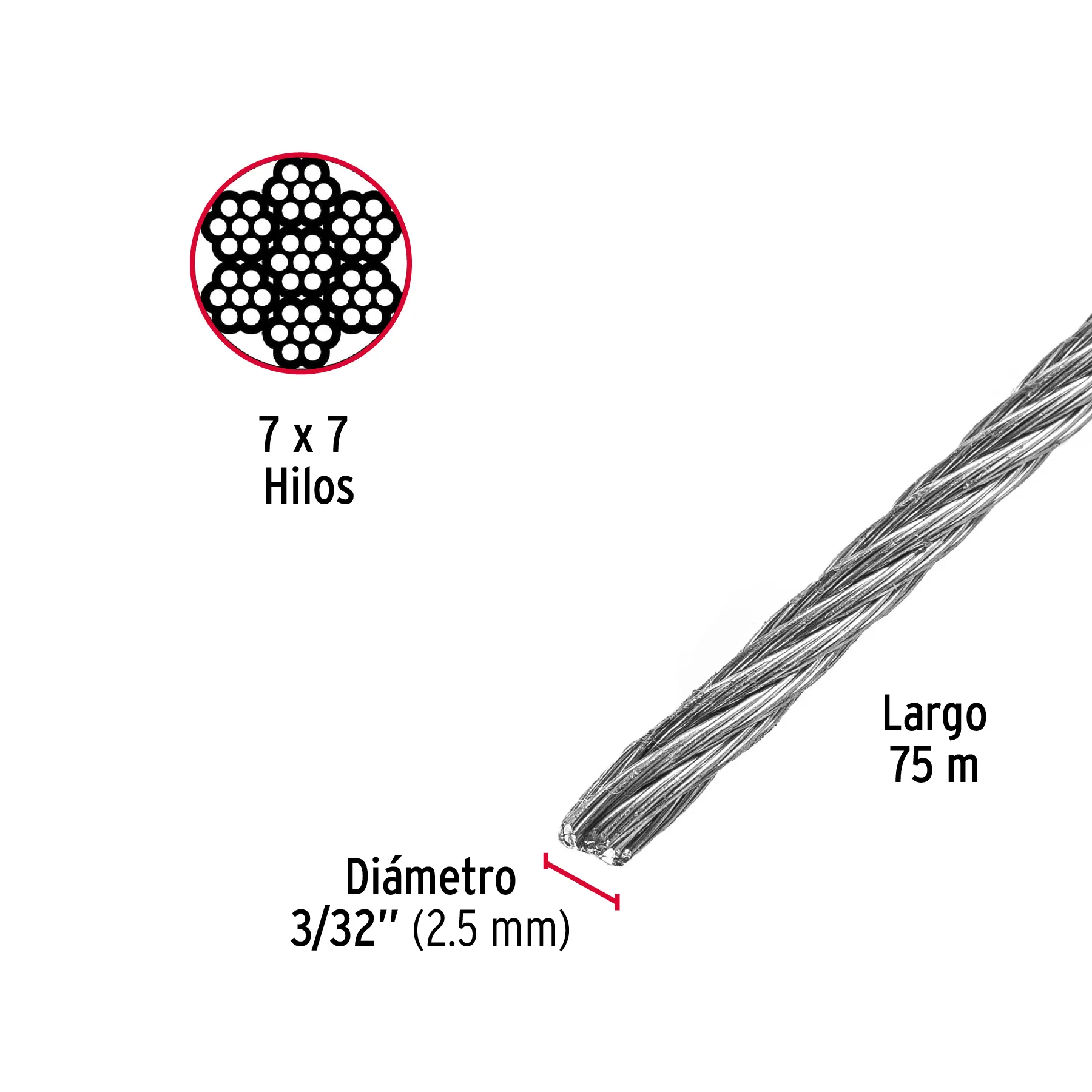 Cable de acero galvanizado 3/32 " (2.5 mm) Fiero Por metro