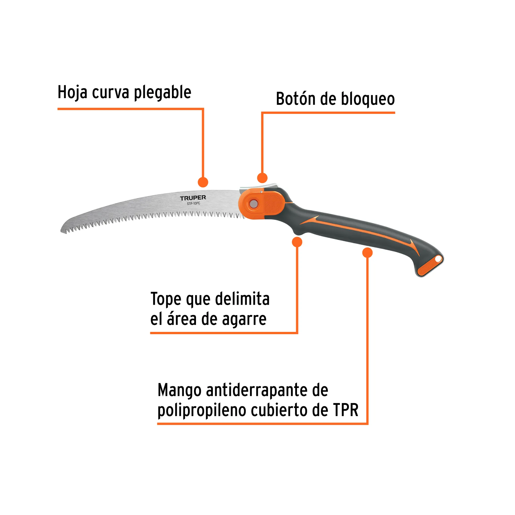 Serrucho de poda 10 " Truper Hoja curva plegable Mango plastico