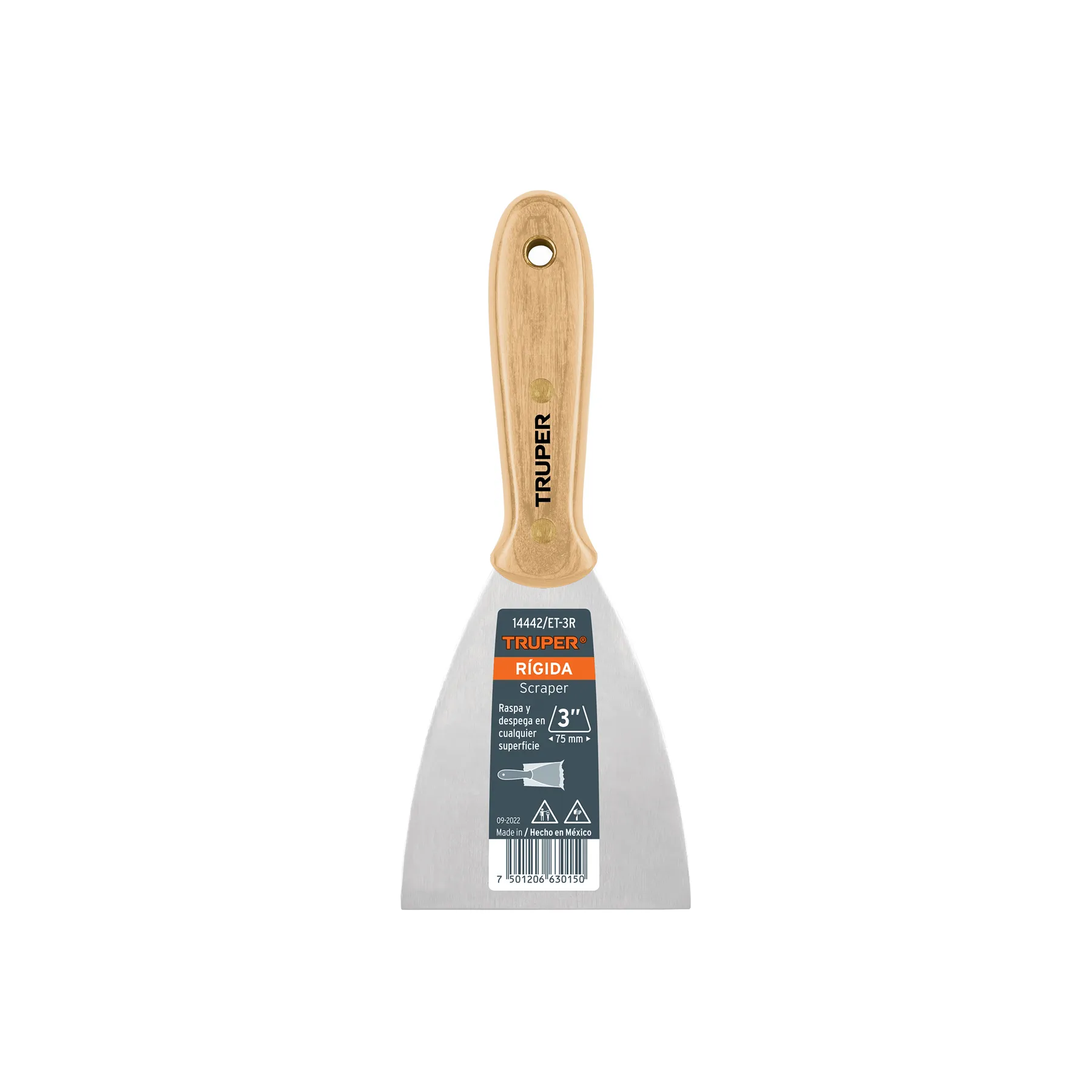 Espatula 3 " Corte recto Truper Hoja de acero Mango de madera Rigida