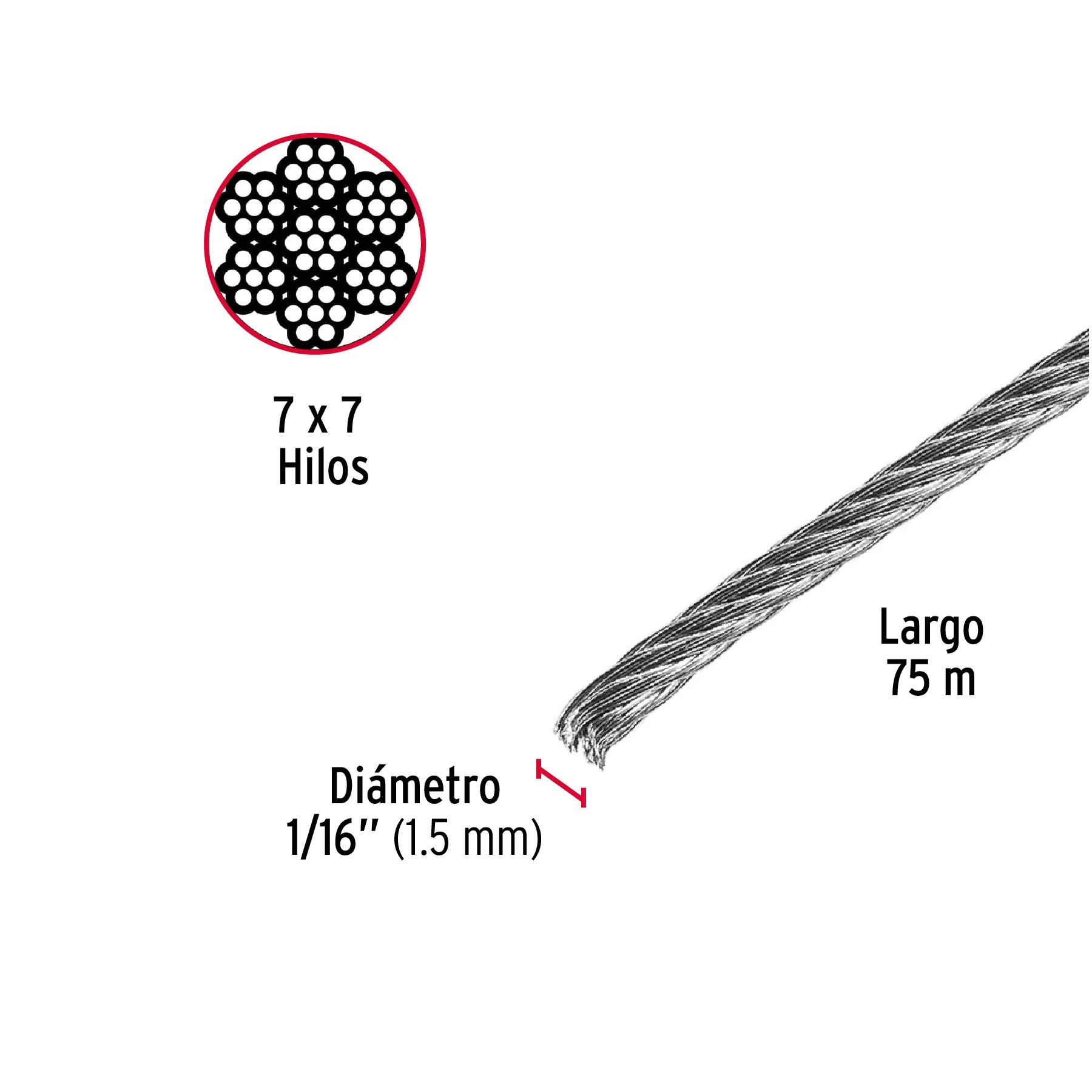 Cable de acero galvanizado 1/16 " (1.5 mm) Fiero Por metro
