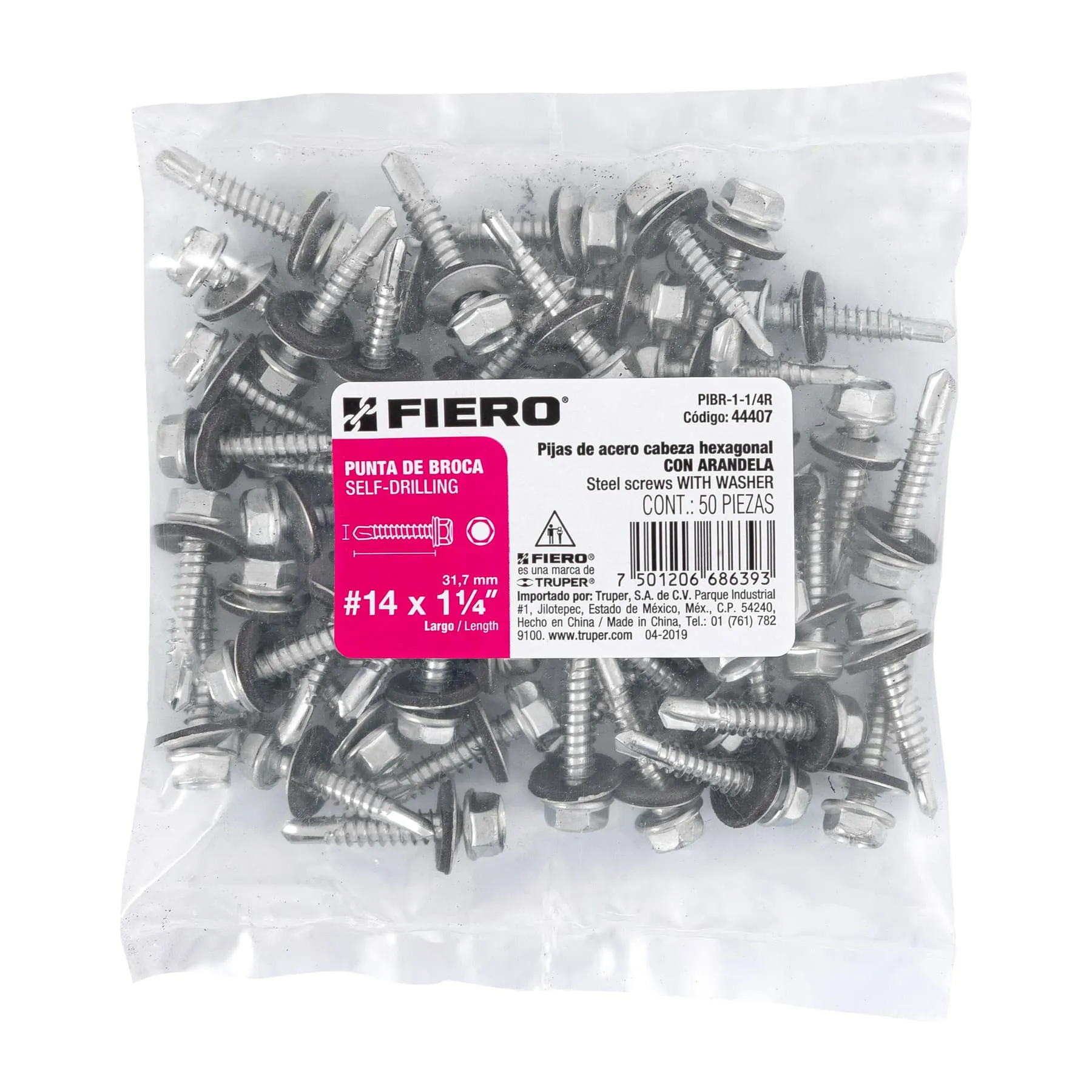 Pija punta de broca cabeza hexagonal #14 Con rondana 1-1/4 " Fiero Por bolsa (50 pz)