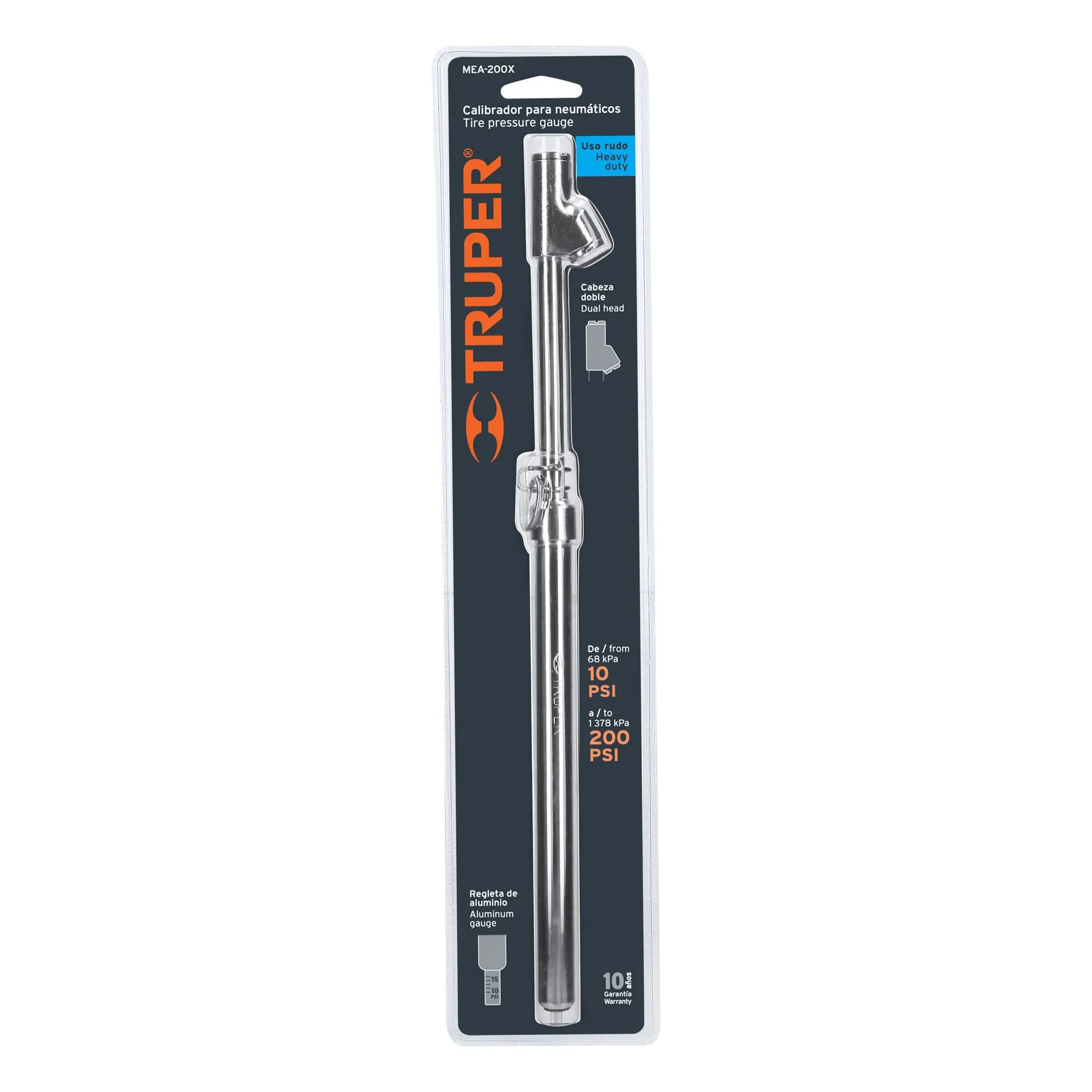 Calibrador de presión para neumáticos Truper Aluminio 10-200 psi Doble Uso rudo