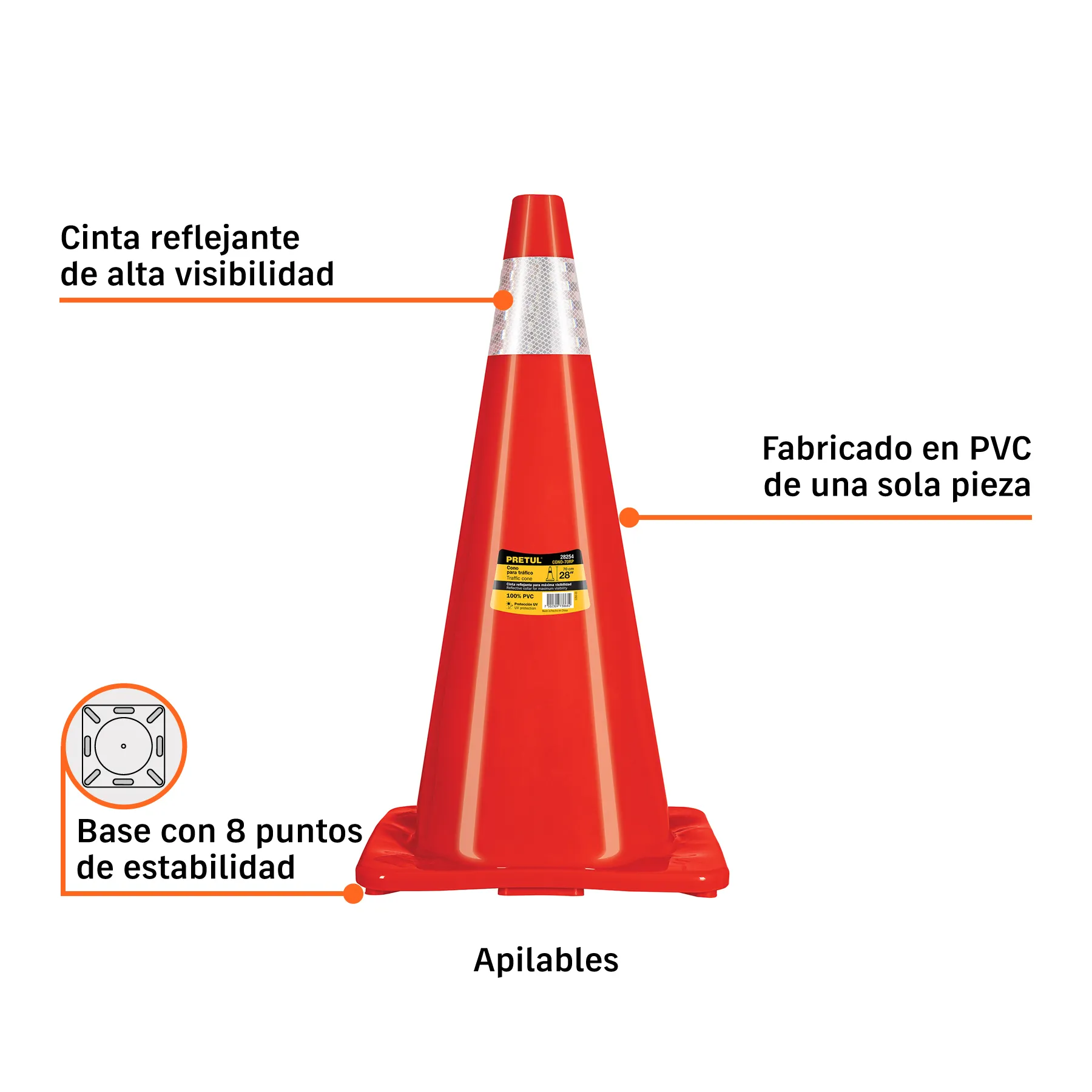 Cono para trafico 70 cm (28") Pretul De pvc