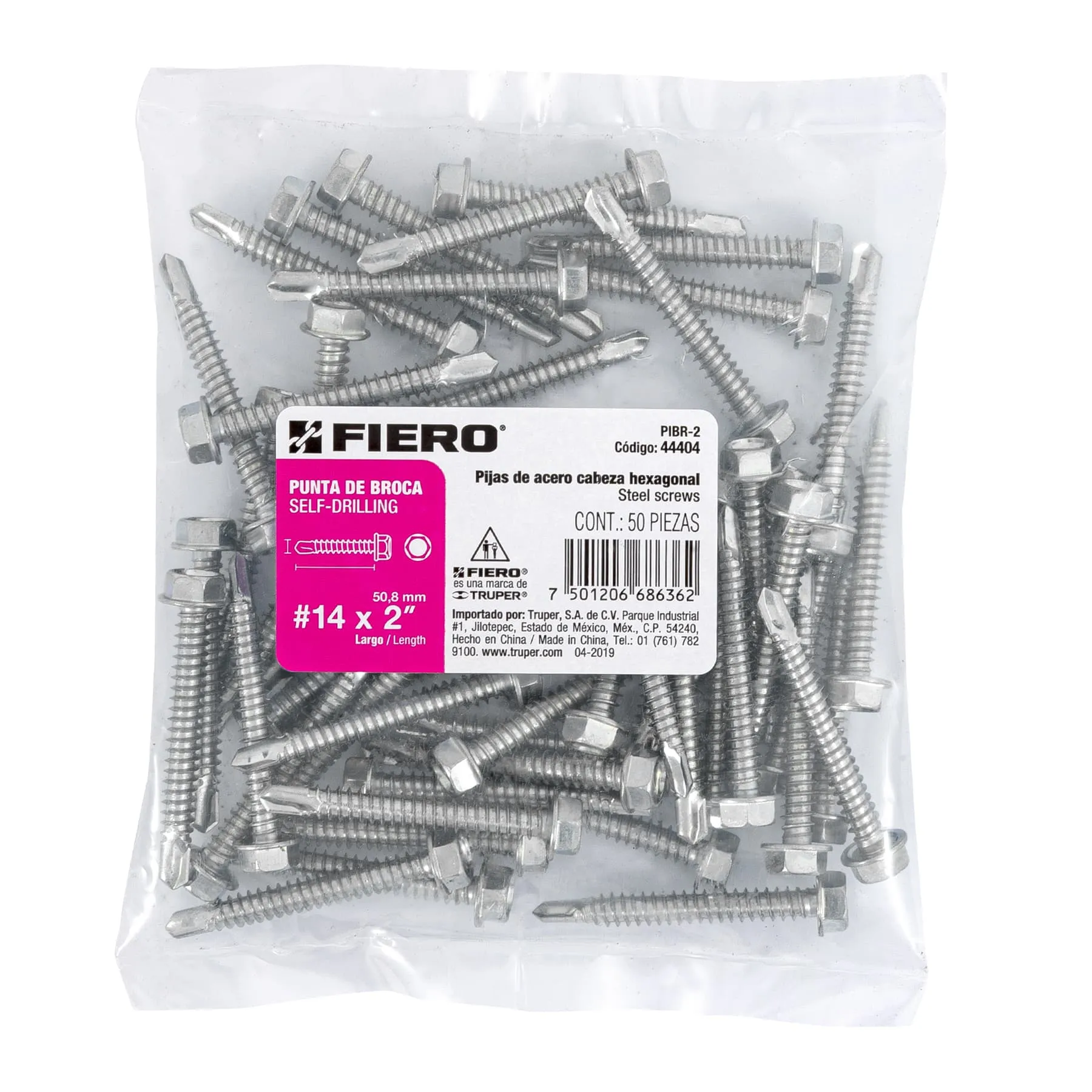 Pija punta de broca cabeza hexagonal #14 Sin rondana 2 " Fiero Por bolsa (50 pz)