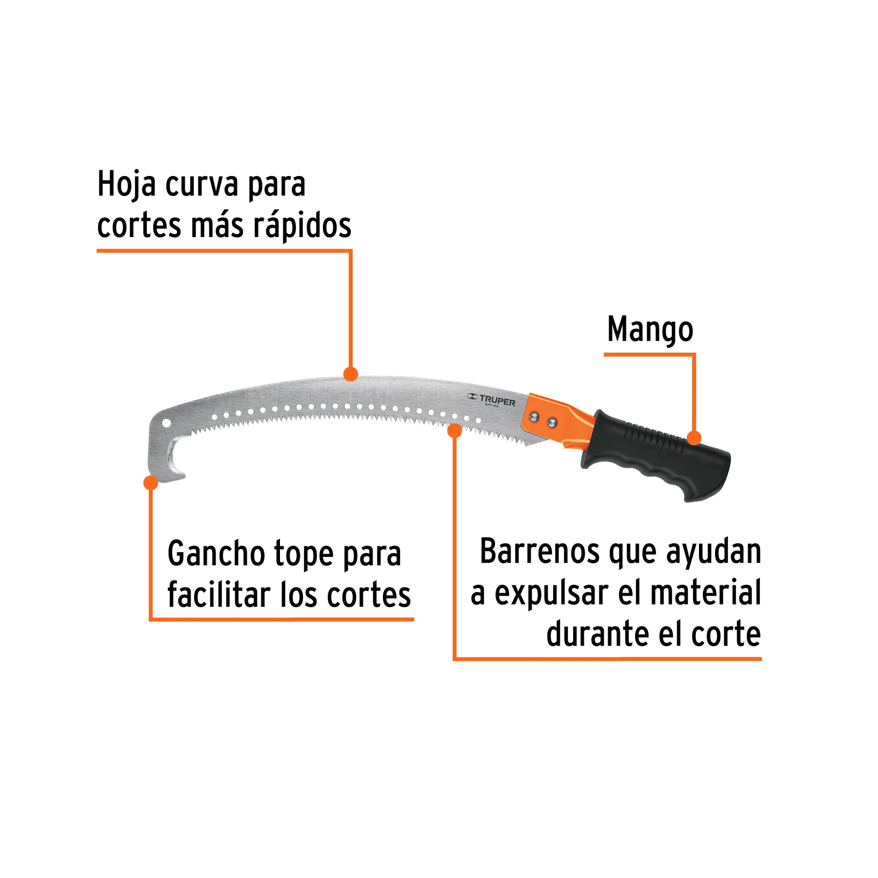 Serrucho de poda 14 " Truper Hoja curva con gancho Mango comfort grip