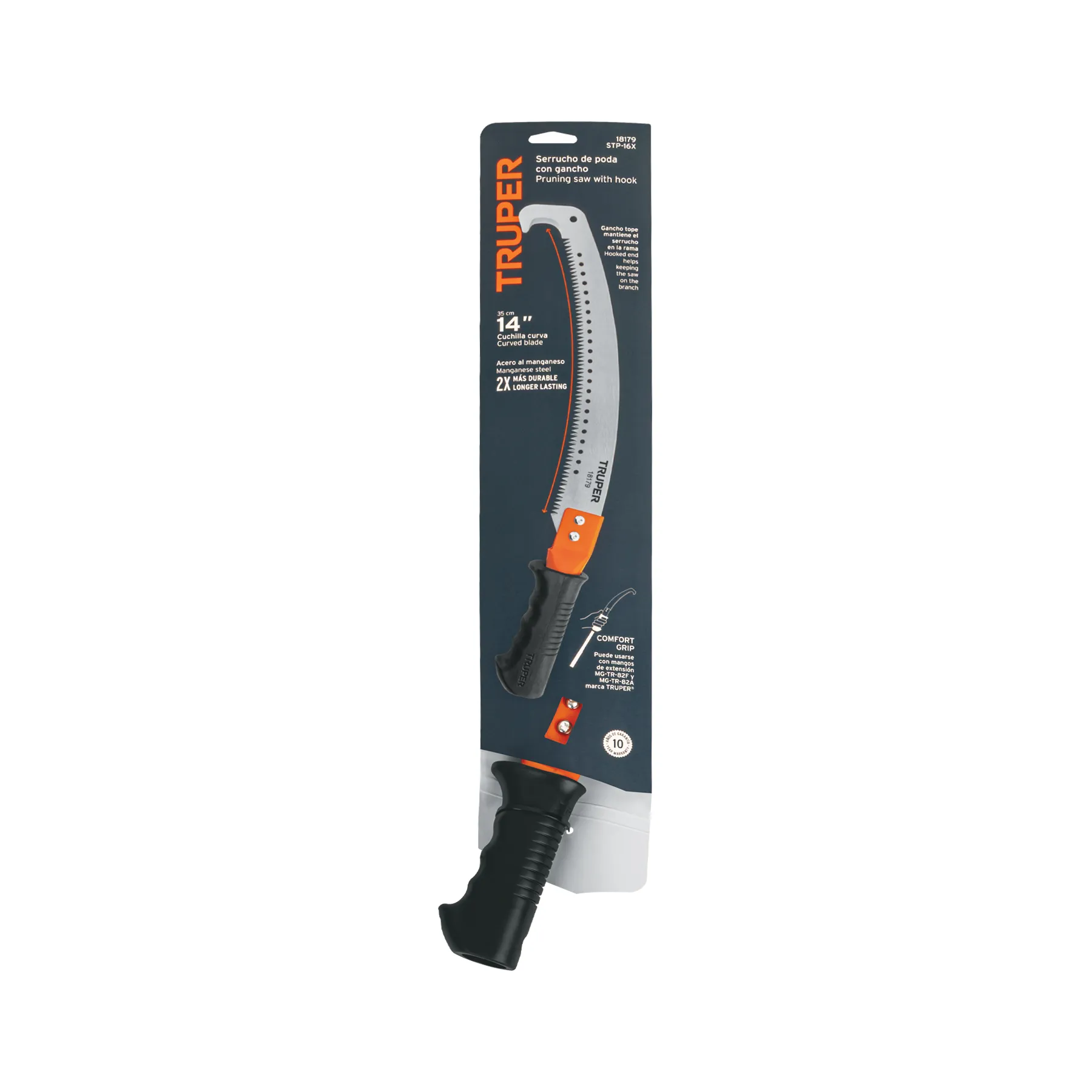 Serrucho de poda 14 " Truper Hoja curva con gancho Mango comfort grip