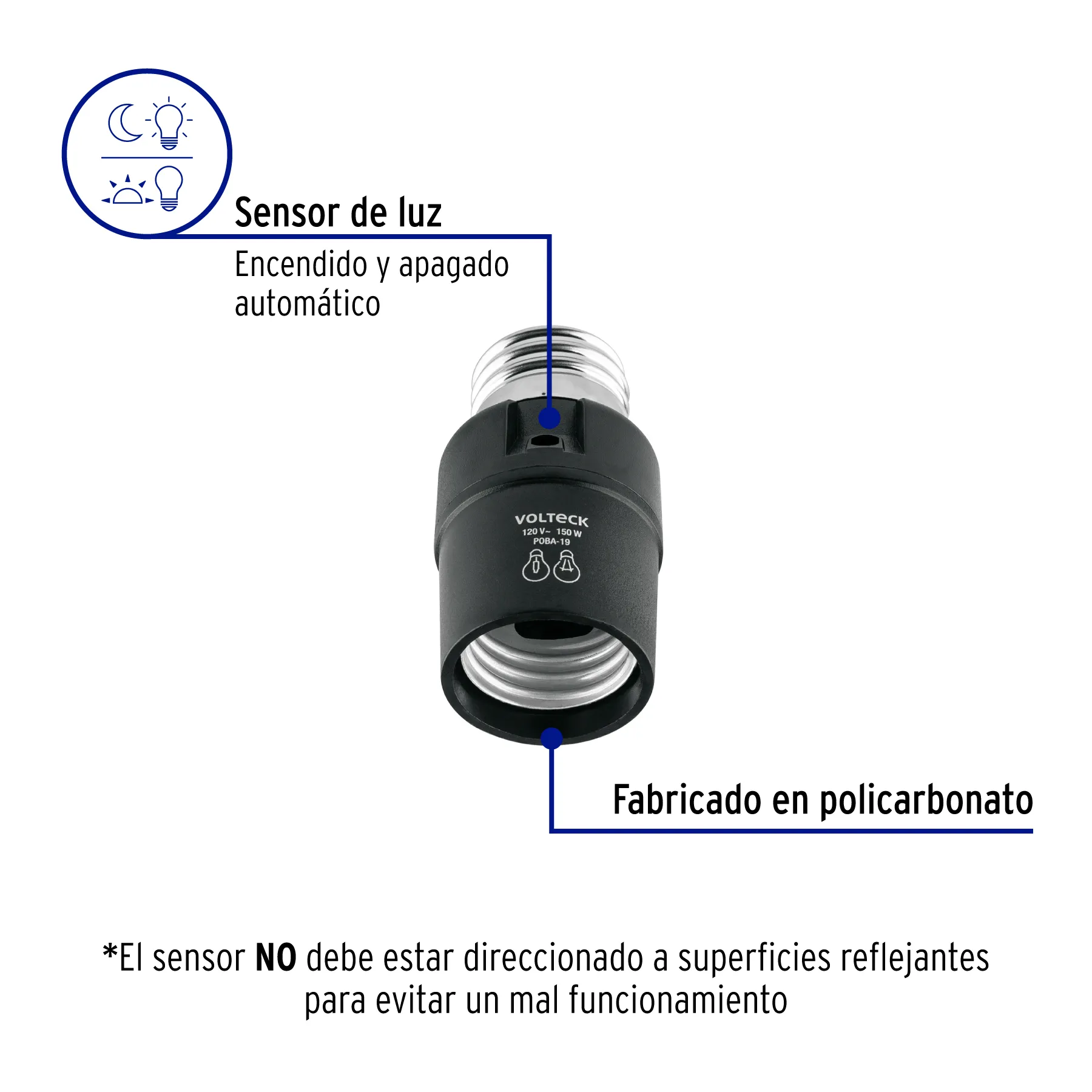 Soquet (Porta-lampara) Negro Volteck Policarbonato Con sensor de luz