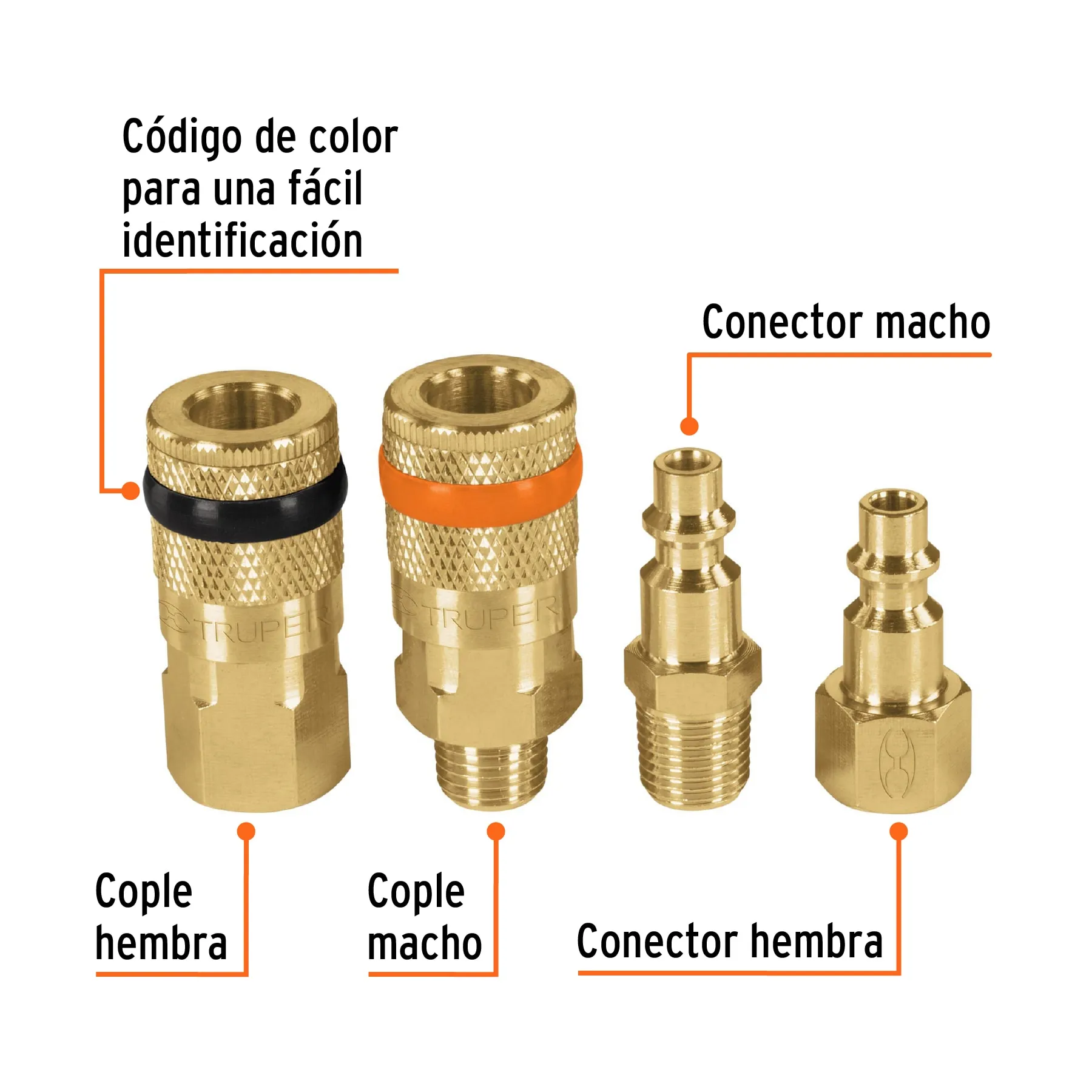 Juego de coples y conectores rapidos para compresor Truper 4 piezas