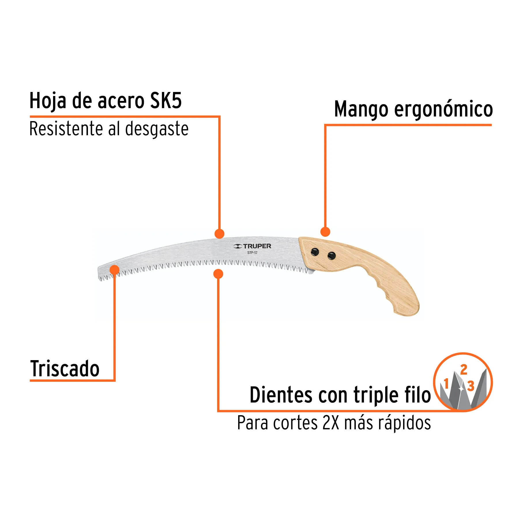 Serrucho de poda 12 " Truper Hoja curva Mango de madera