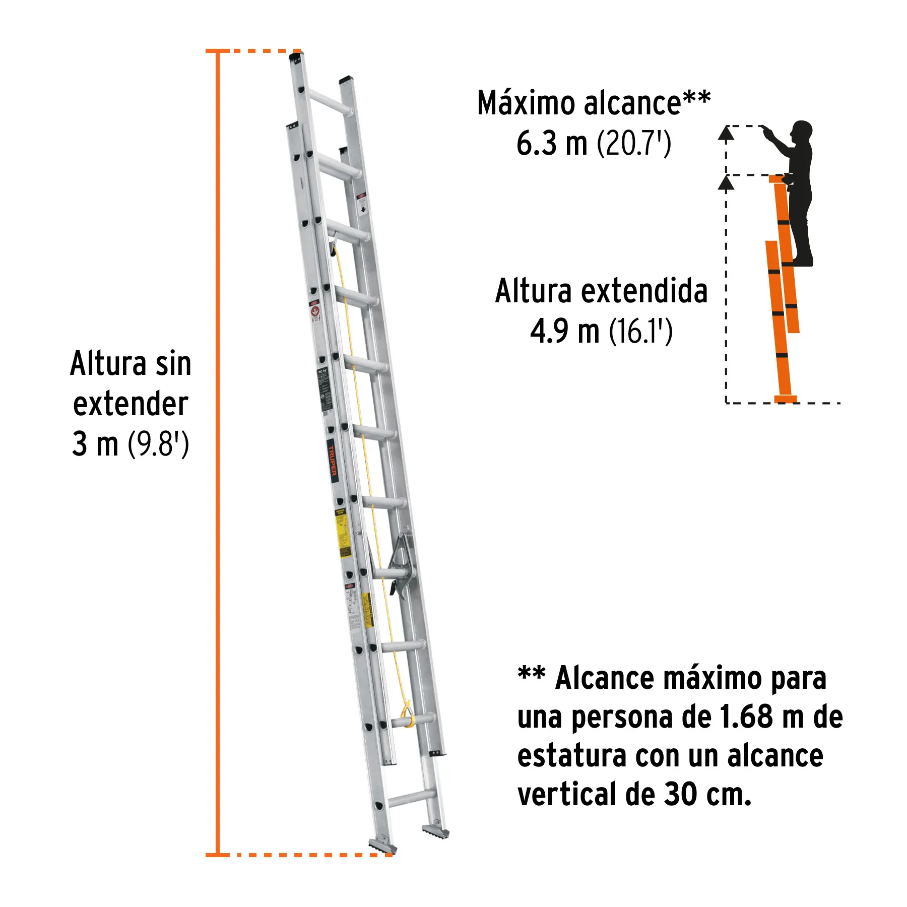 Escalera 150 kg (uso comercial) Truper Aluminio 20 peldaños Extensión