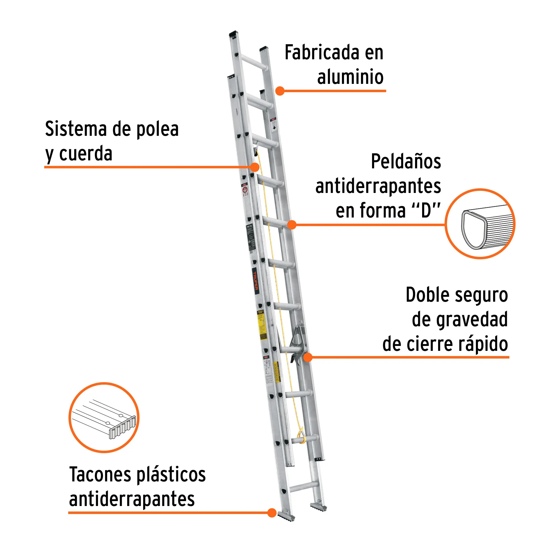 Escalera 150 kg (uso comercial) Truper Aluminio 20 peldaños Extensión