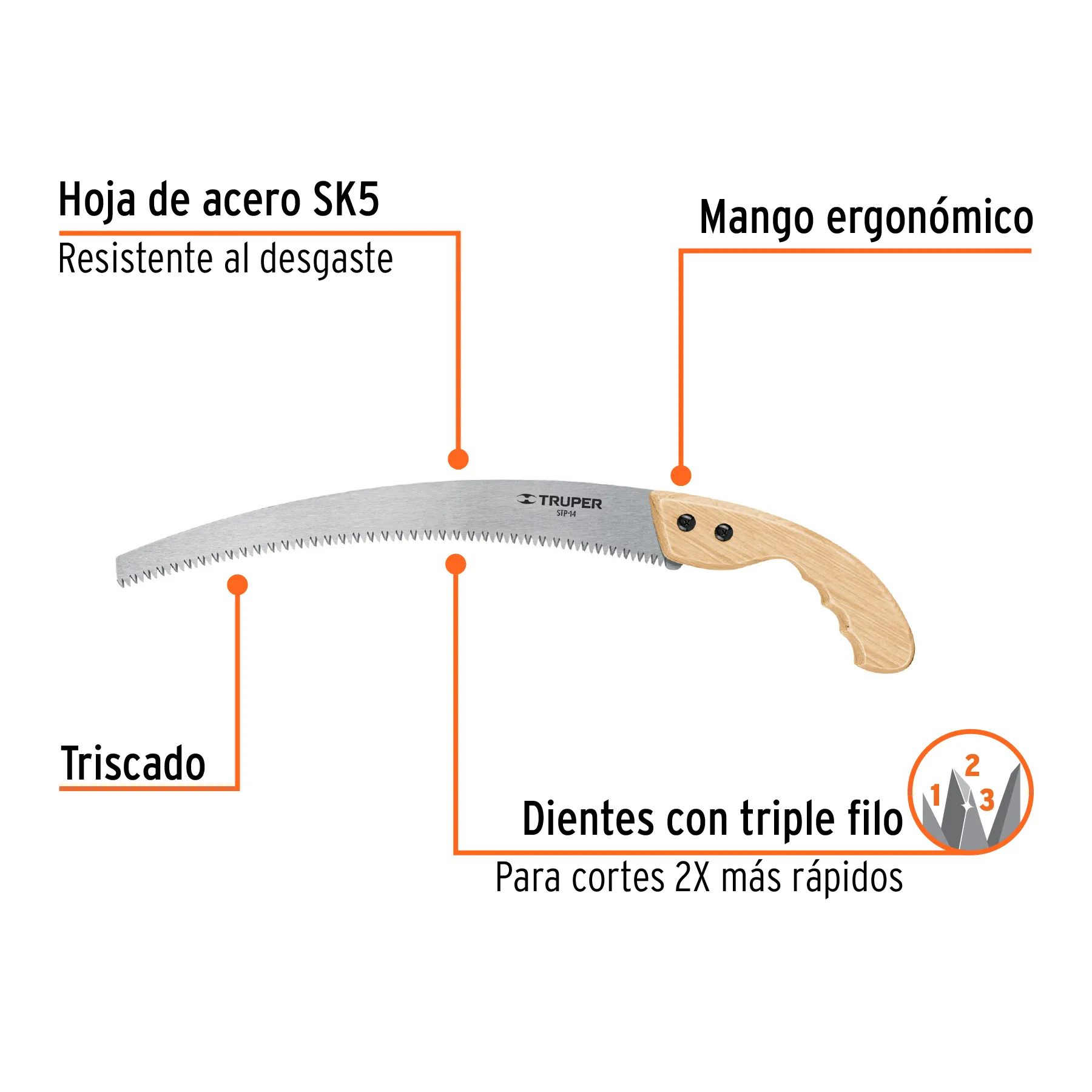 Serrucho de poda 14 " Truper Hoja curva Mango de madera