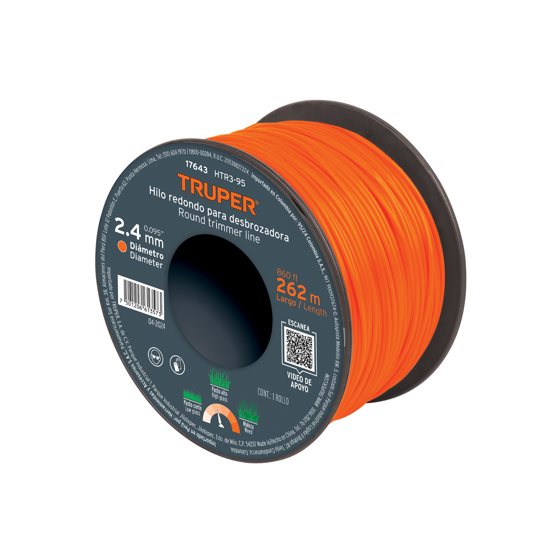Hilo para desbrozadora  2.4 mm Naranja Truper
