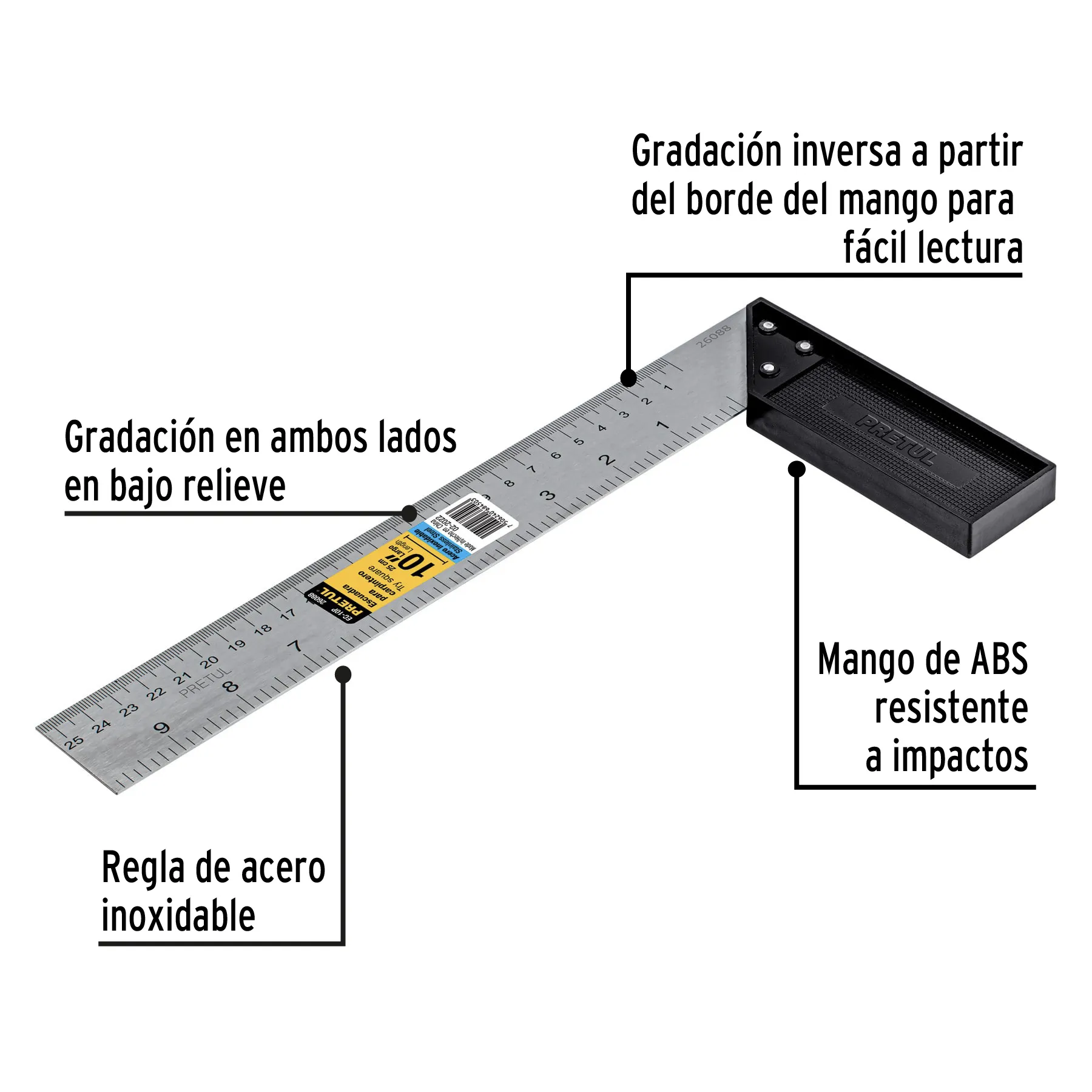 Escuadra 10 " (25 cm) Pretul Mango de plastico Para carpintero