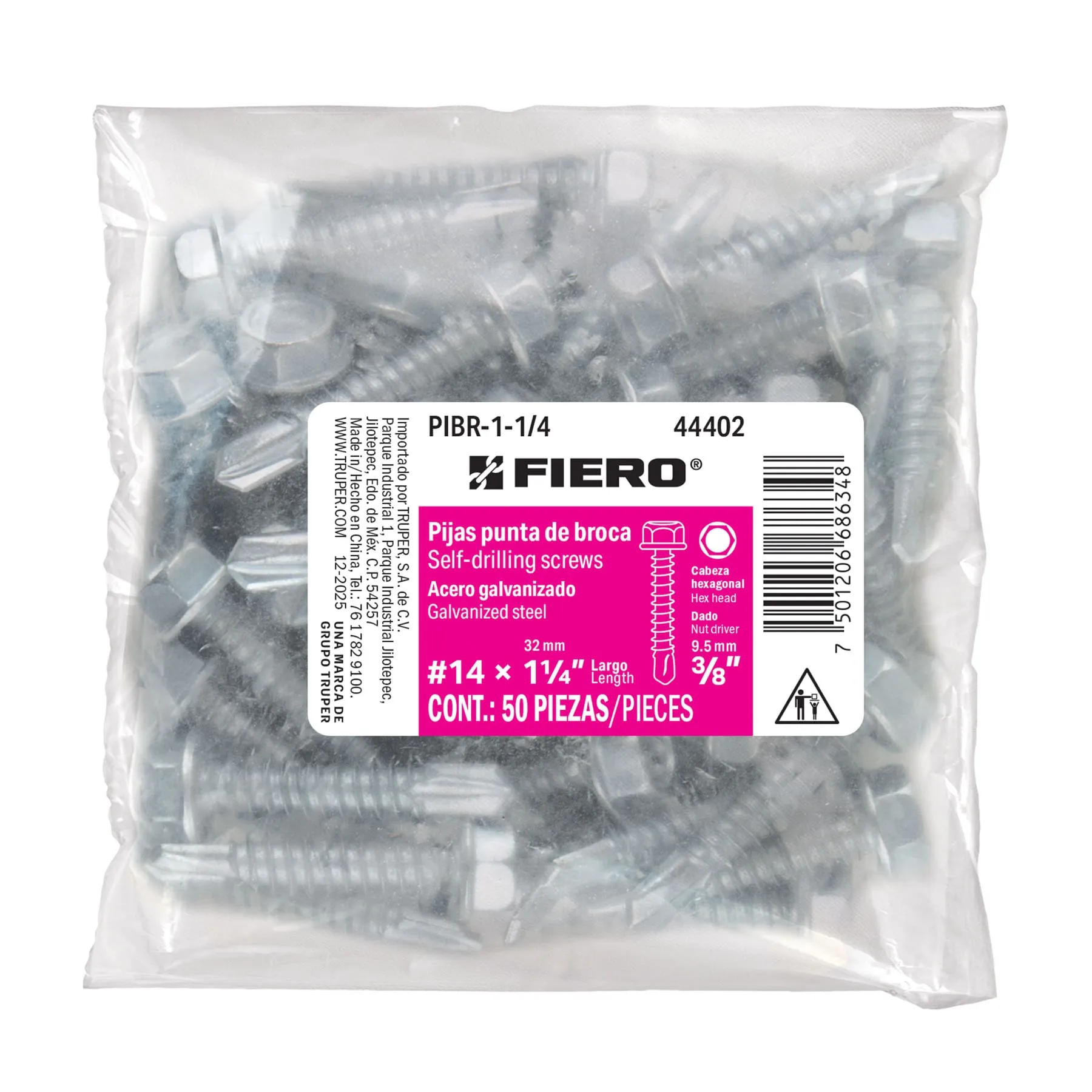 Pija punta de broca cabeza hexagonal #14 Sin rondana 1-1/4 " Fiero Por bolsa (50 pz)
