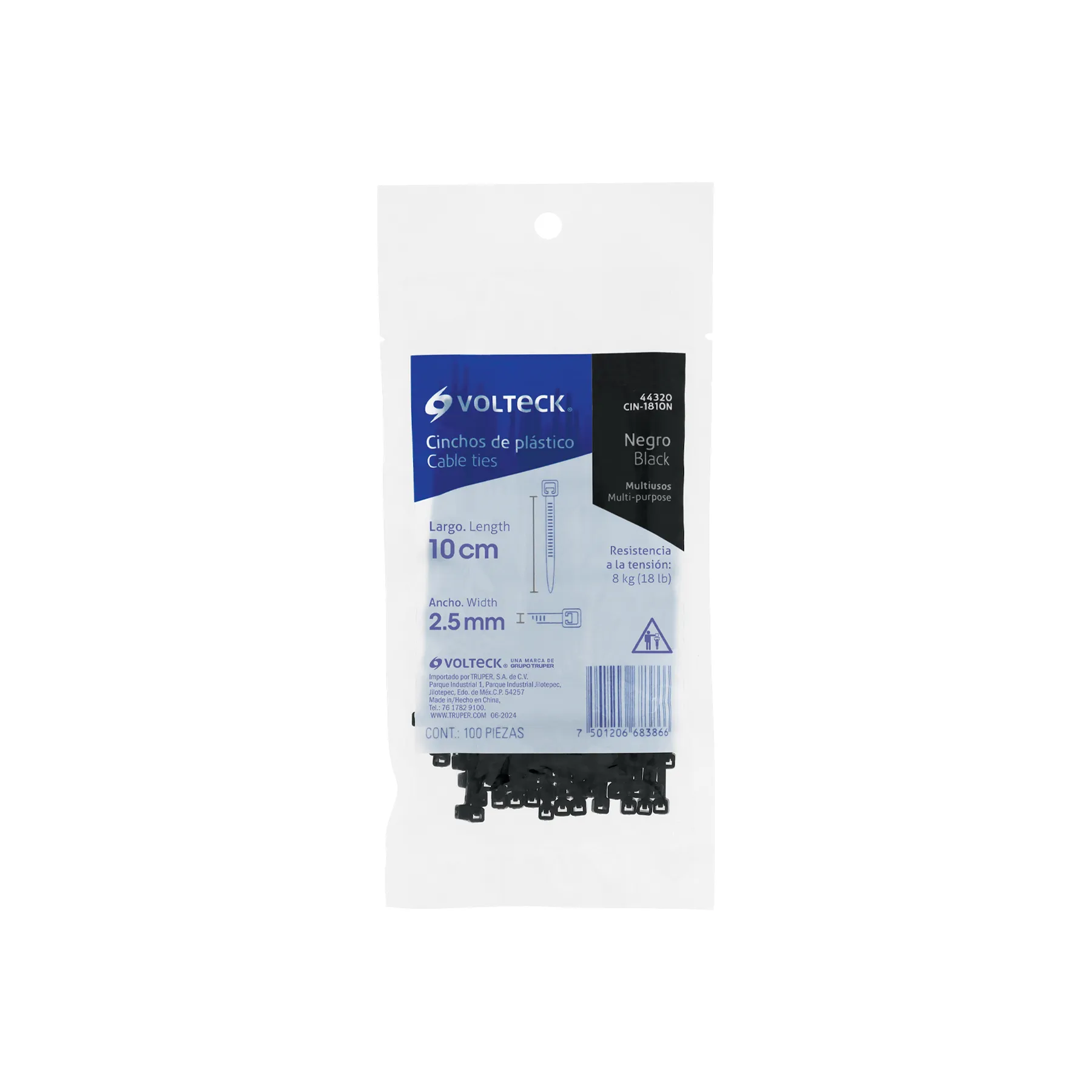 Cincho de plastico Negro 10 cm Volteck Por bolsa (100 pz)