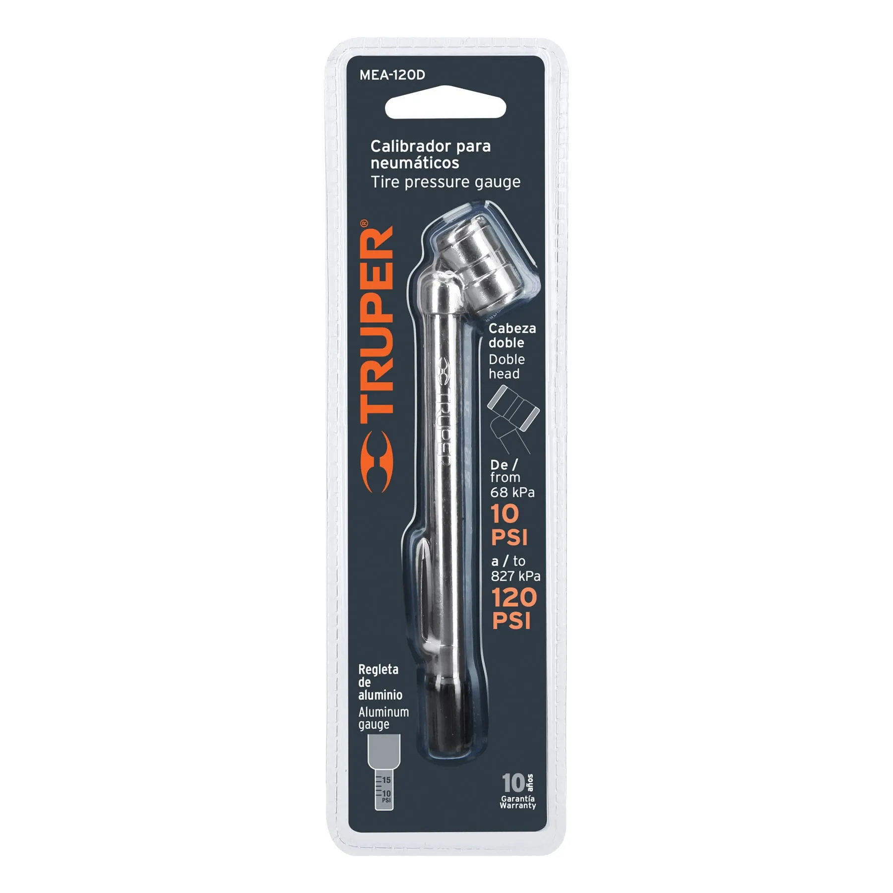 Calibrador de presión para neumáticos Truper Aluminio 10-120 psi Doble