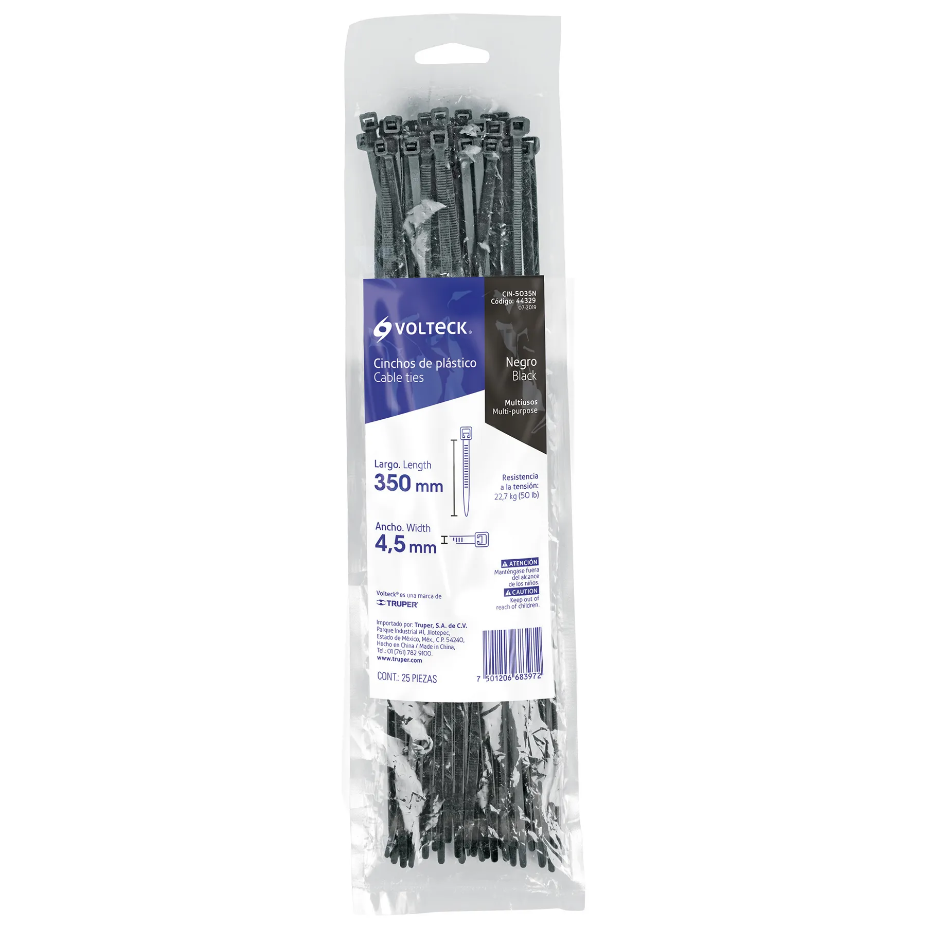 Cincho de plastico Negro 35 cm Volteck Por bolsa (25 pz)