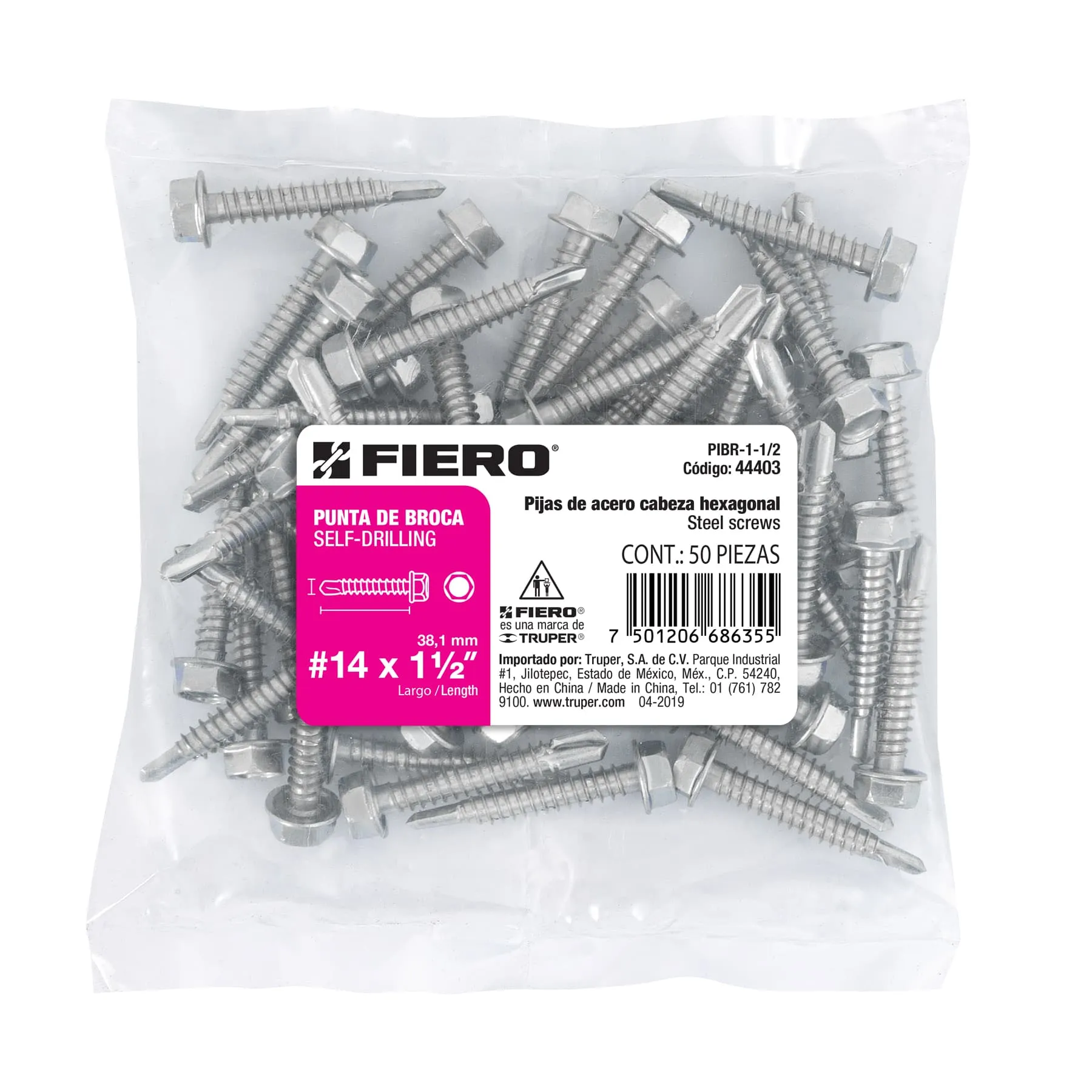 Pija punta de broca cabeza hexagonal #14 Sin rondana 1-1/2 " Fiero Por bolsa (50 pz)
