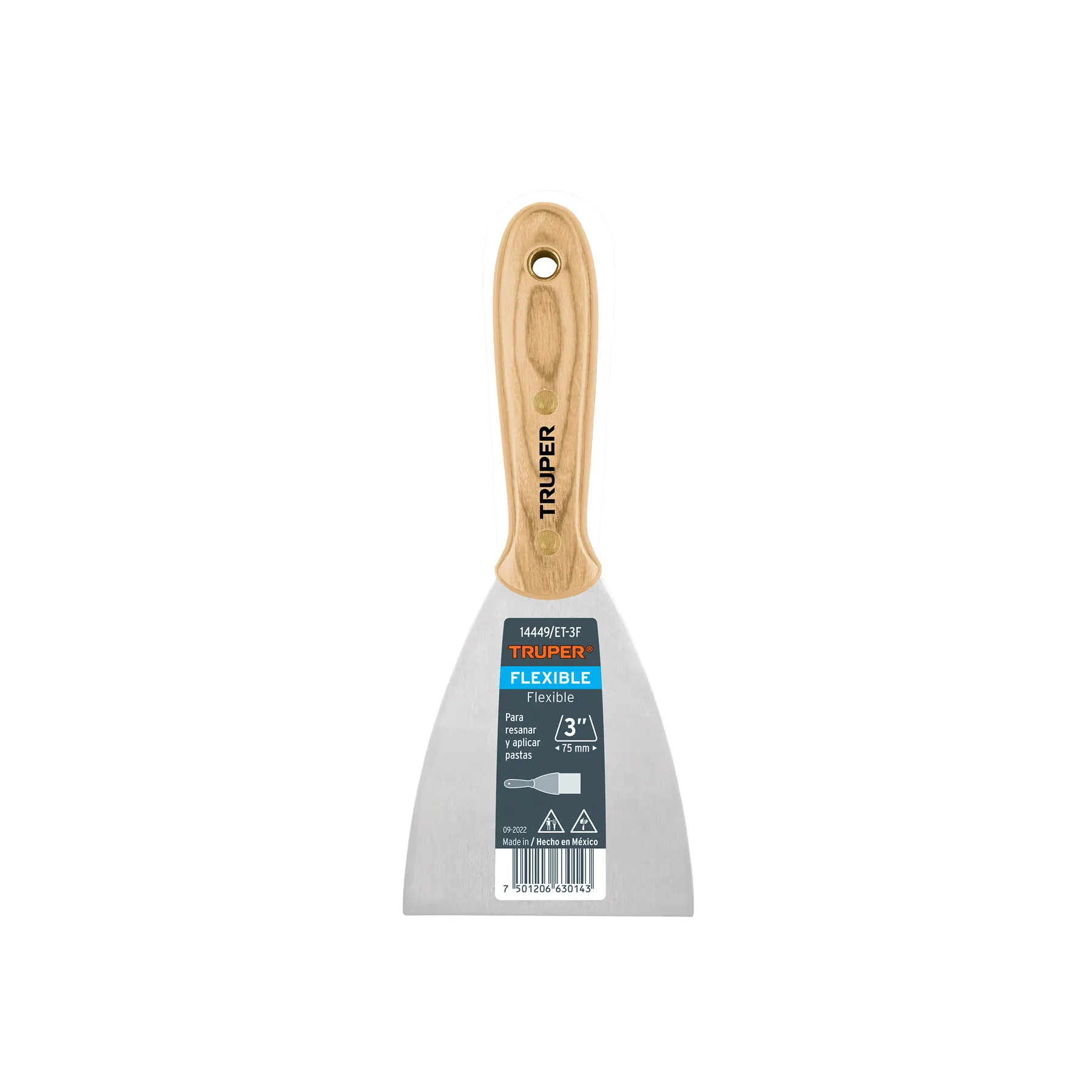 Espatula 3 " Corte recto Truper Hoja de acero Mango de madera Flexible