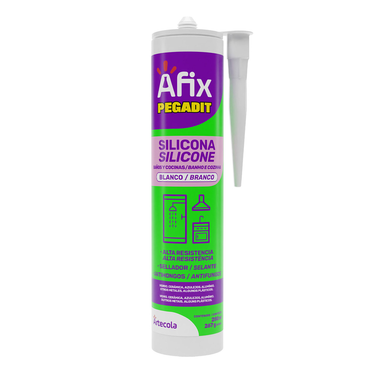 Silicón (Sellador) Blanco Afix Cartucho Baños y cocinas Acético