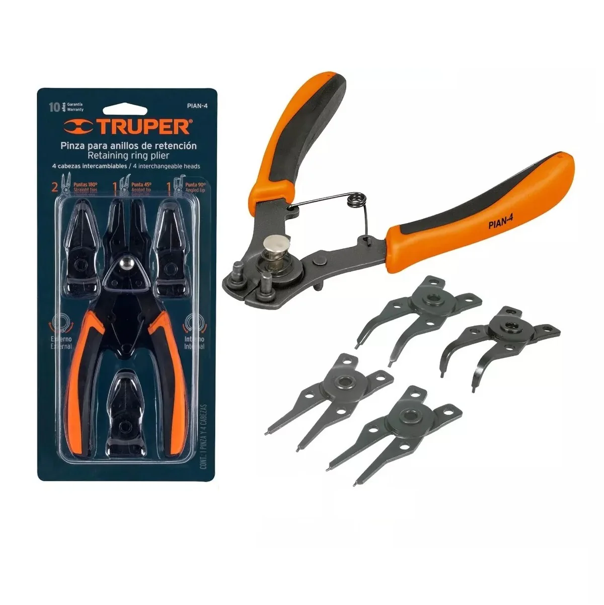 Pinzas para anillos de retencion Con 4 cabezas intercambiables Para abrir y cerrar anillos Truper
