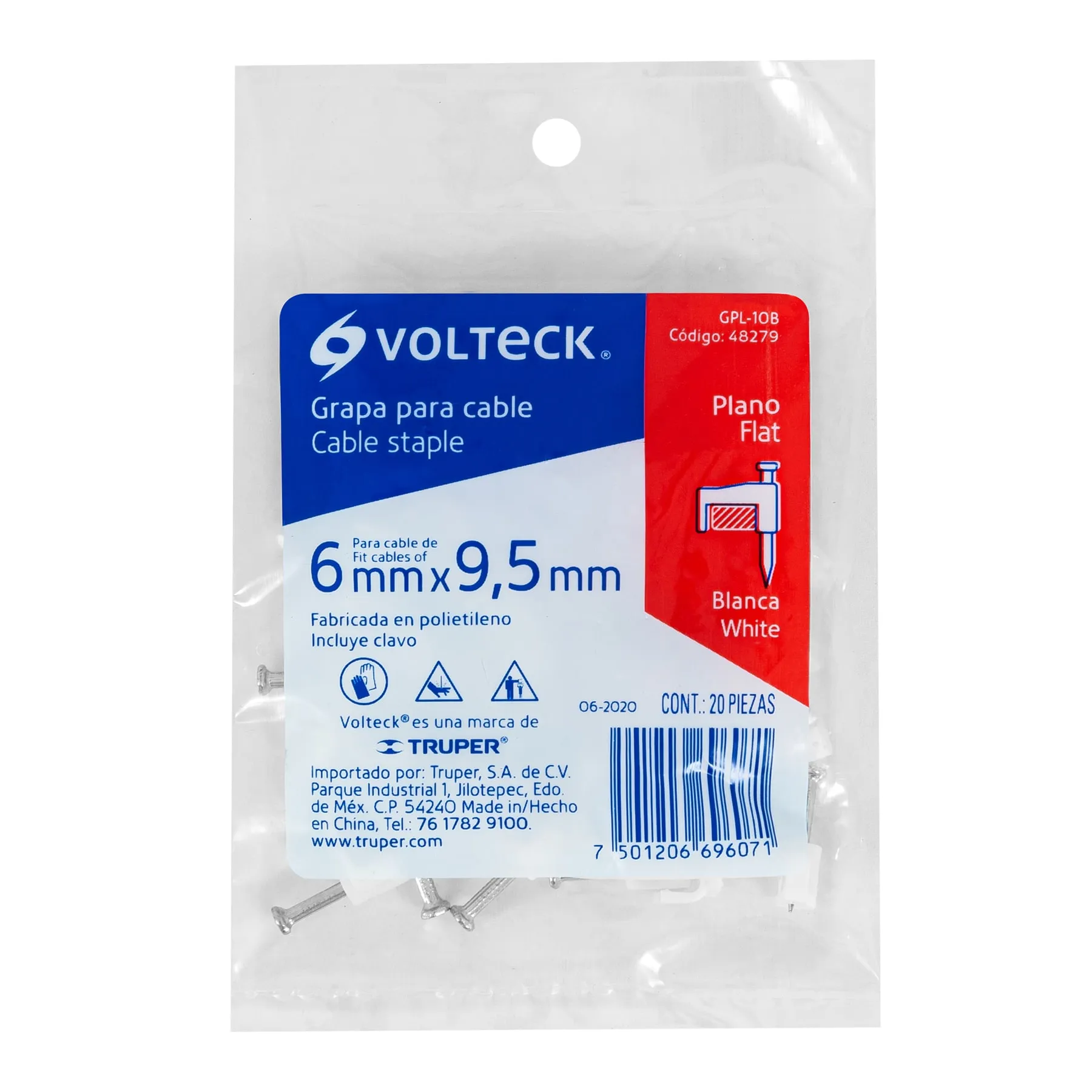 Grapas para cable Blanca Volteck 6 x 9.5 mm Plana Por bolsa (20 pz)