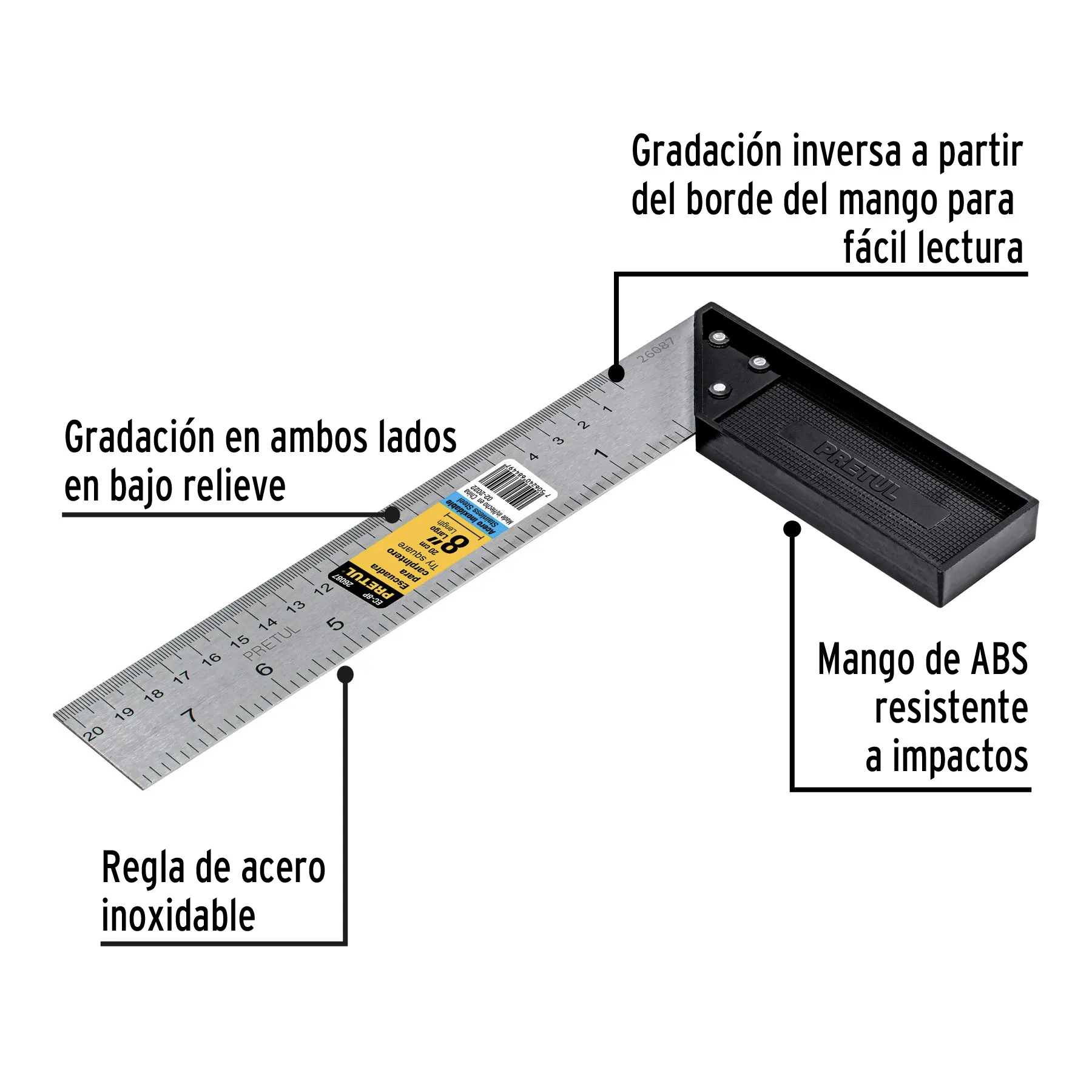 Escuadra 8 " (20 cm) Pretul Mango de plastico Para carpintero