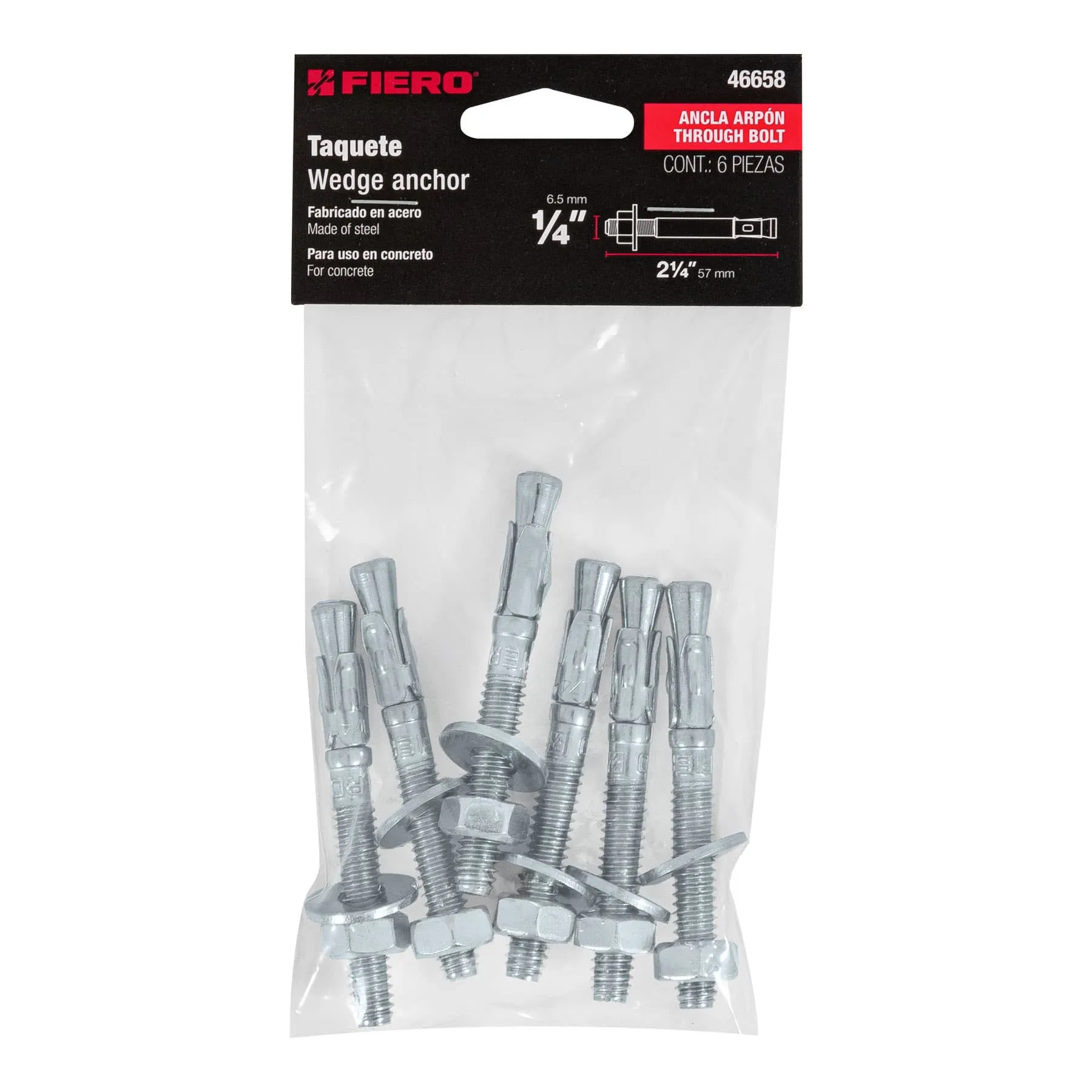Taquete arpón 1/4 " 2-1/4 " Fiero Bolsa (6 piezas)