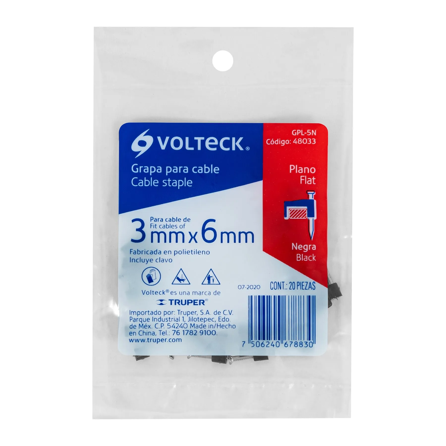 Grapas para cable Negra Volteck 3 x 6 mm Plana Por bolsa (20 pz)