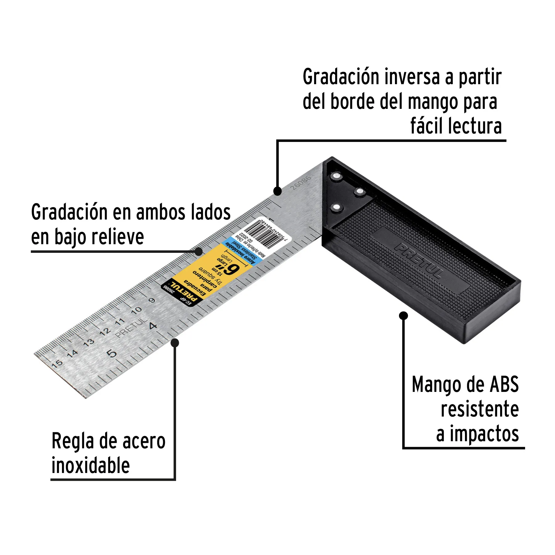 Escuadra 6 " (15 cm) Pretul Mango de plastico Para carpintero