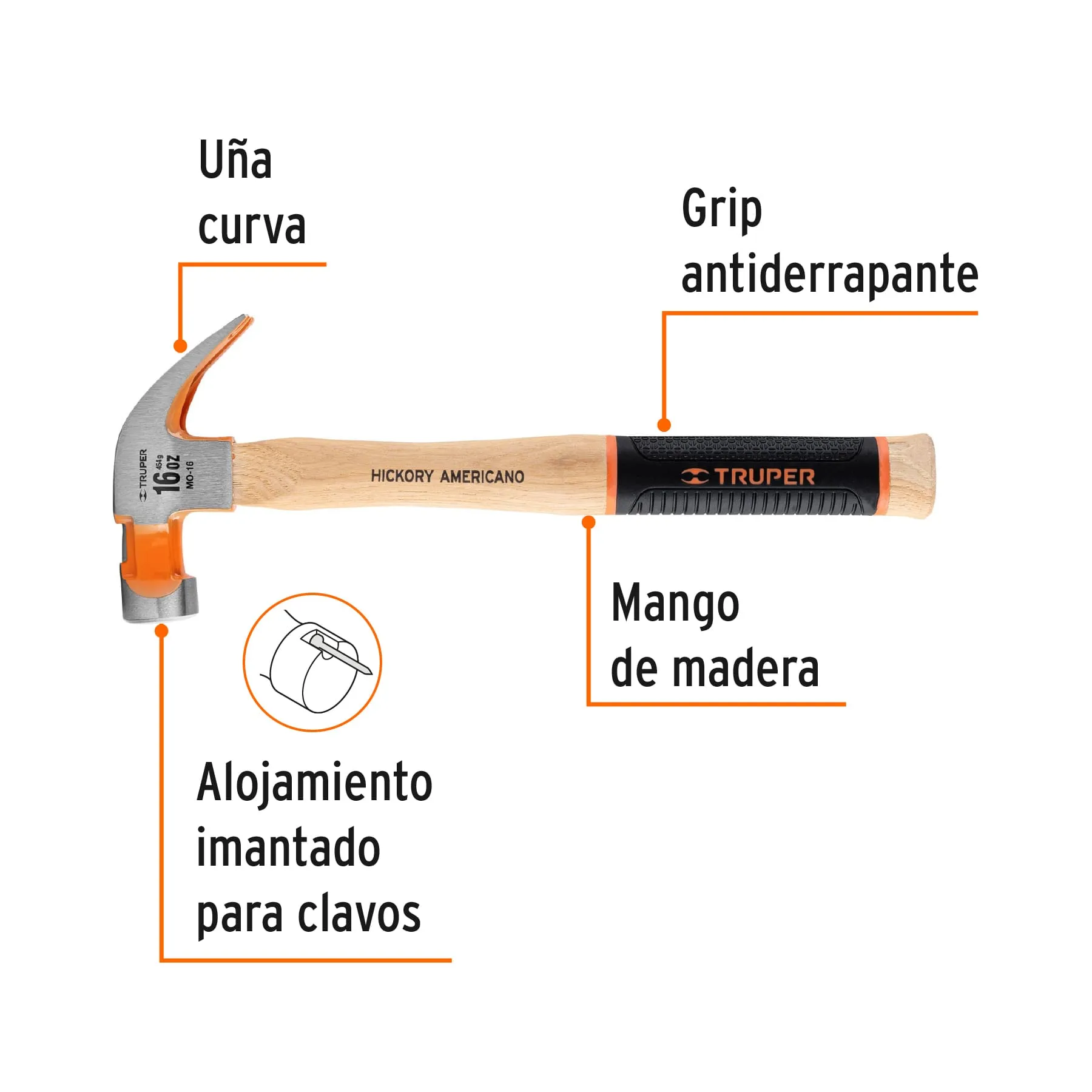 Martillo Truper 16 oz Mango de madera con Grip